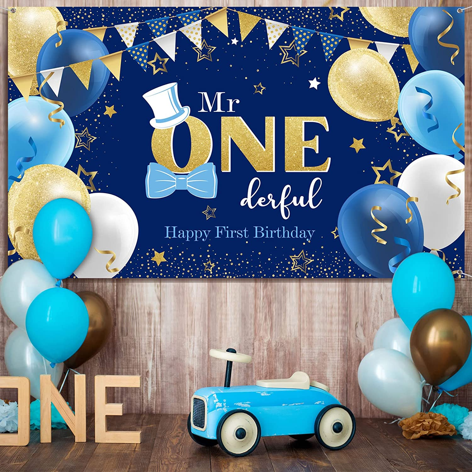 Mr. Onederful 1St Birthday Decoration Party Supplies - Happy Birthday Backdrop Photography Background with Balloons for Baby Toddler Little Man First Decor (Blue and Gold) image number 1