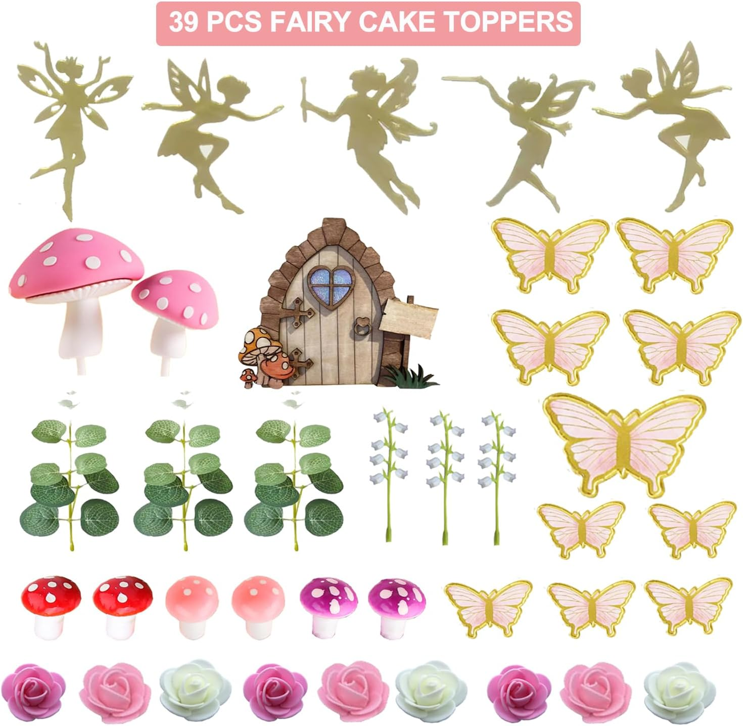 39PCS Fairy Cake Toppers Fairy Cake Decoration Pink Mushroom Door Butterfly Flowers Cake Decoration Fairy Garden Topper for Fairy Party Birthday Baby Shower - Fairy Cake Toppers image number 2