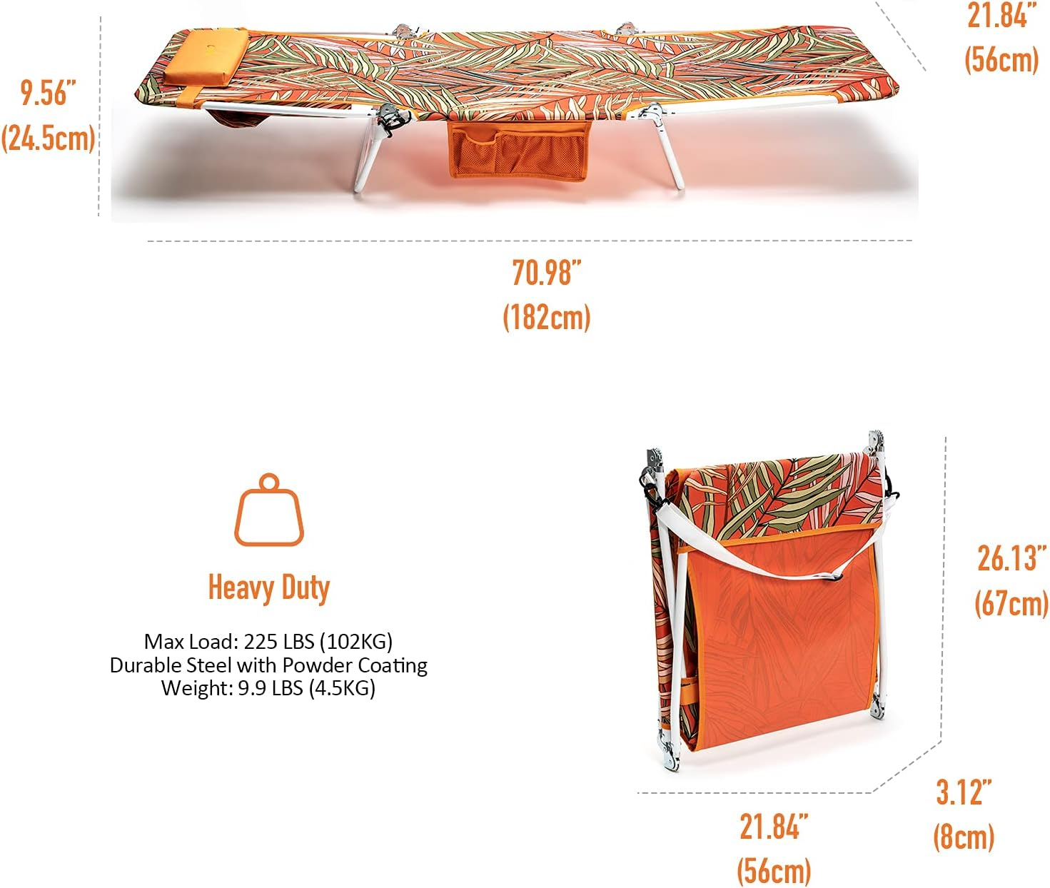 Sunnyfeel Folding Beach Lounge Chair with Detachable Pillow, Chaise Longue Exterieur, Sun Lounger for Adults Outdoor Camping (Orange) image number 2