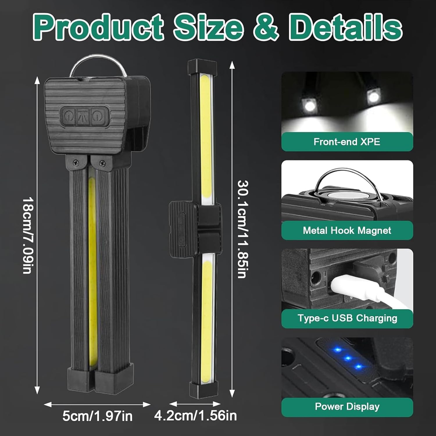 Gym Lamp, Portable Magnetic Work Light, USB Rechargeable LED Work Light with 7Th Gear Dimming, 180&deg; Rotate Foldable Hang Hook Camping Light, Flashlight Bar Hand Lamp for Car Repair image number 2