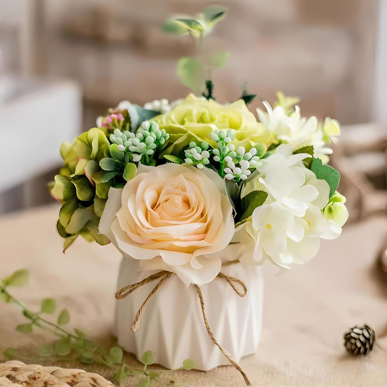 Hbluefat Small Artificial Flowers with Vase,Hydrangea Silk Roses Faux Flower in Ceramic Vase,Faux Flower Arrangement with Vase Suitable for Home Office Decoration,Dining Table Centerpiece (Vitality) - Green Daisy image number 4