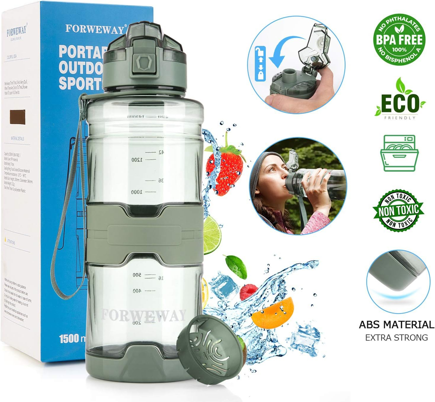 FORWEWAY Bpa-Free Large Water Bottle Tritan Leakproof Plastic Water Bottle with Filter Reusable Big Drink Water Bottles Durable for Fitness Outdoor Camping Hiking (Green)