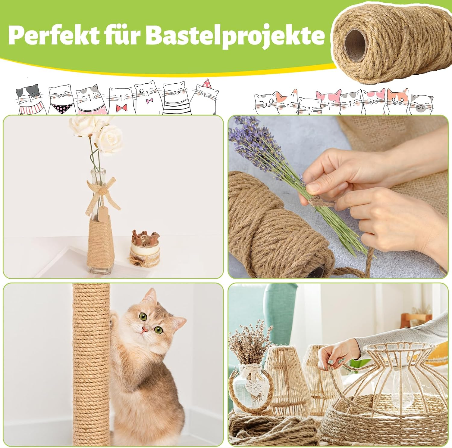 Sisal Rope for Cats, Scratching Post, 10 M X 9 Mm, Natural Sisal Rope for Cats with 2 Cat Toys, High-Quality Rope for Scratching Post Replacement, Cat Accessories, Crafts, Decorating Homes, DIY