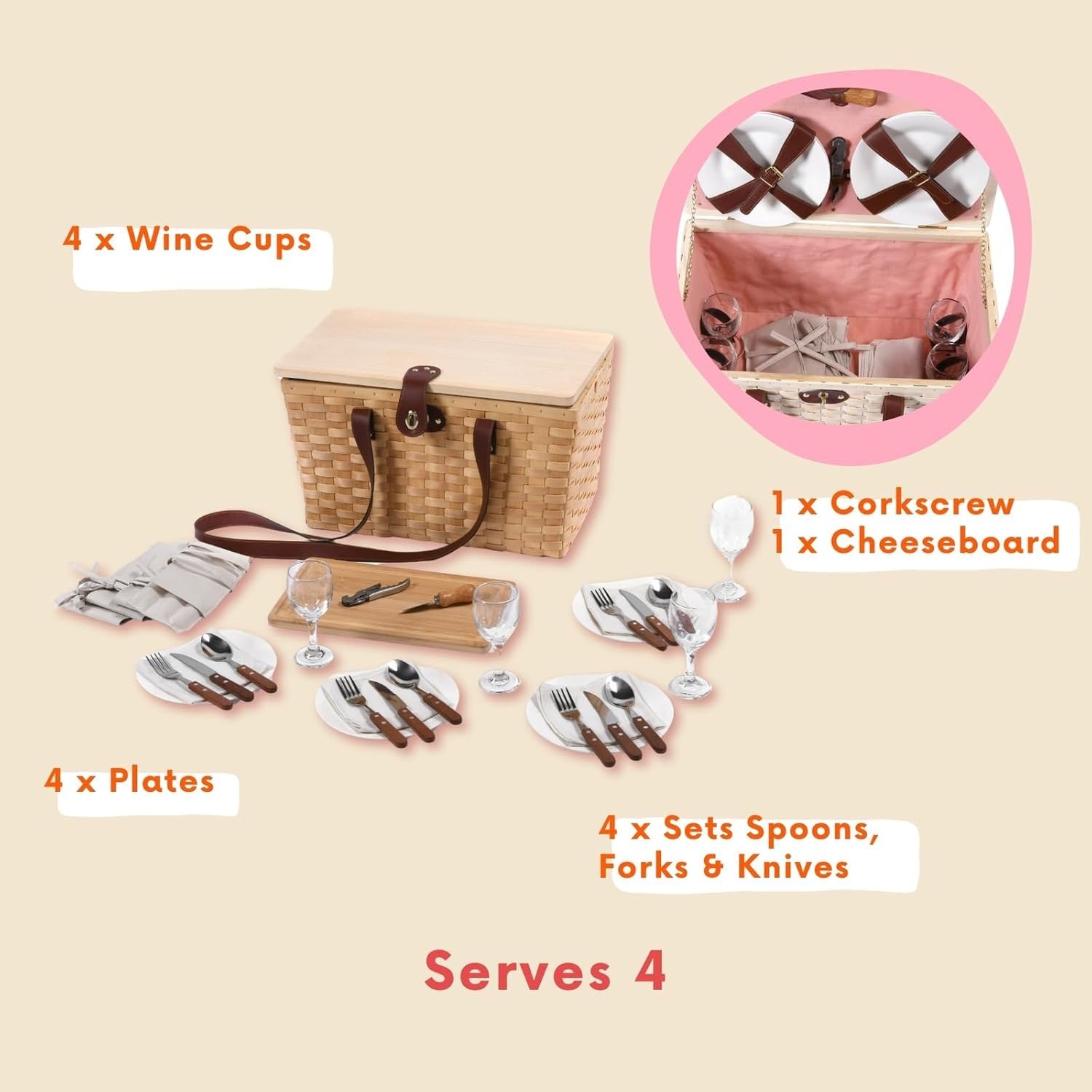 Vibes Barossa 4 Person Natural Wicker Picnic Basket Set Peach Lining Willow Wood with Carry Straps Outdoor Travel Camping Hamper Set Included, Cutlery, Plates, Wine Glass, Corkscrew, Cheese Board - Barossa Natural Wicker Peach image number 3