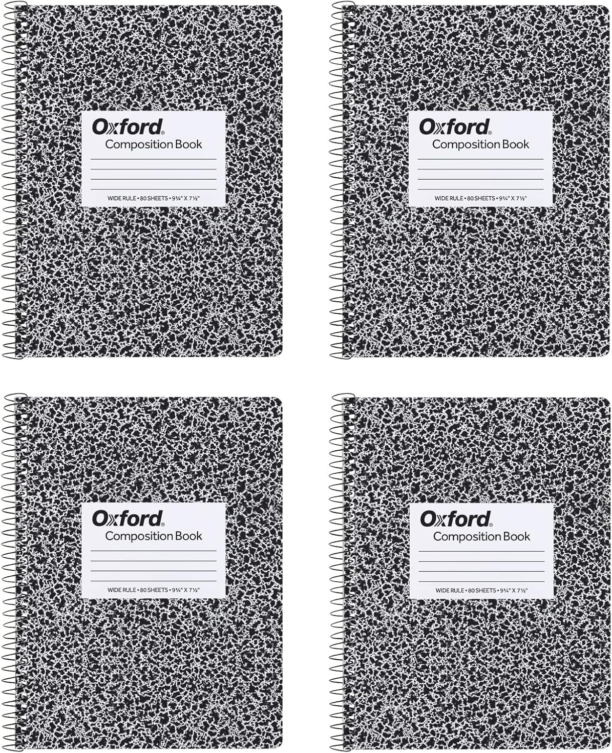 Oxford Spiral Composition Notebooks, 4 Pack, Wide Ruled Paper, 9-3/4 X 7-1/2 Inches, 80 Sheets, Black Marble Cover (64950) image number 2