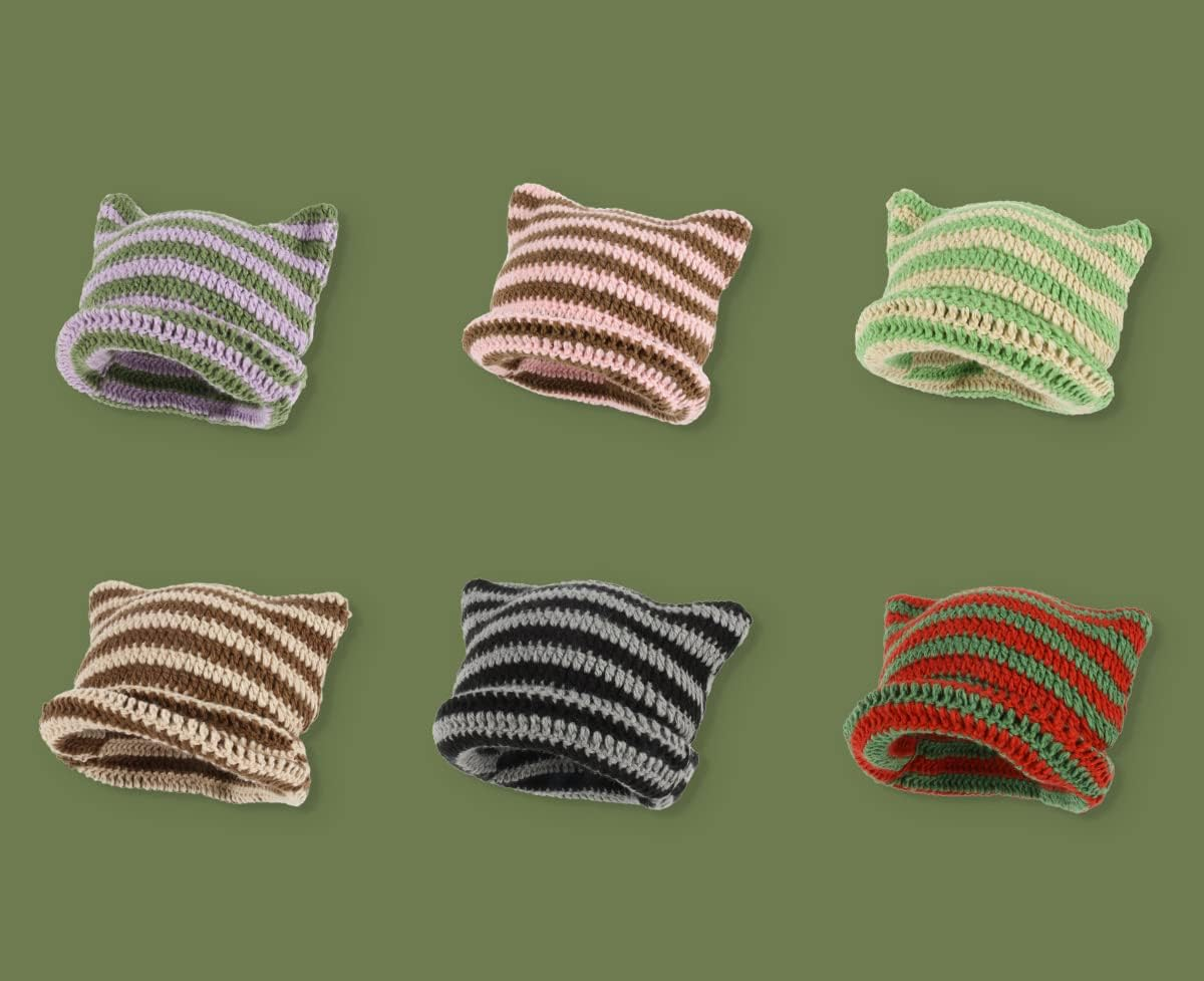 Women Girls Boys Teens Cute CAT Kitty Ears Hats, Winter Warm Knitted Stripe Grunge Accessories Slouchy Headgear - Black image number 6