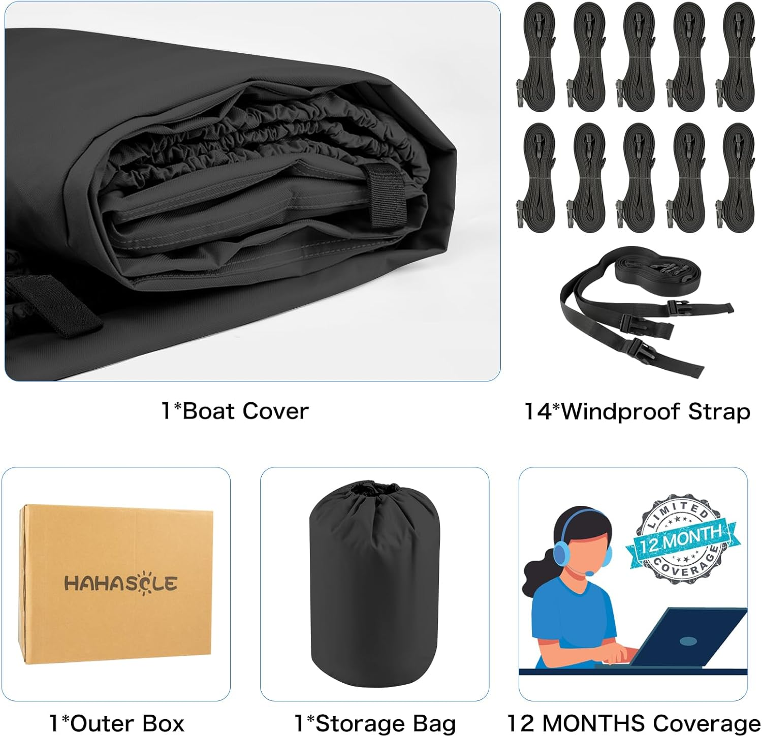 Heavy Duty 1200D PU Waterproof Boat Cover, 20'- 22' Trailerable Marine Grade Polyester Canvas, Fits 20-22Ft V-Hull, Bass Boat, Runabout, Ski, Fishing Boat with Tightening Strap, Black image number 4