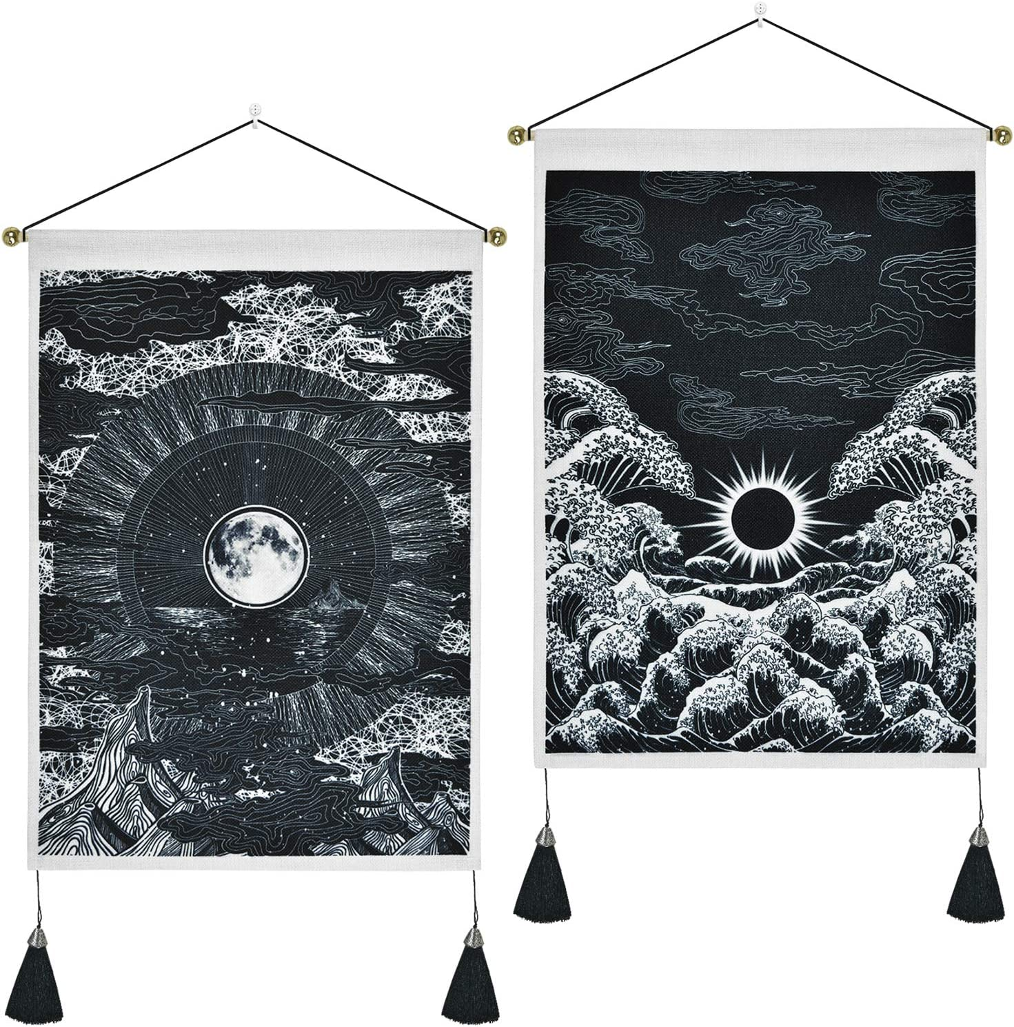 Pack of 2 Tapestry Moon and Star Tapestry Ocean Wave Tapestry Black and White Tapestries Mountain Tapestry Sunset Great Wave Tapestry Wall Hanging for Room (13.8 X 19.7 Inches)