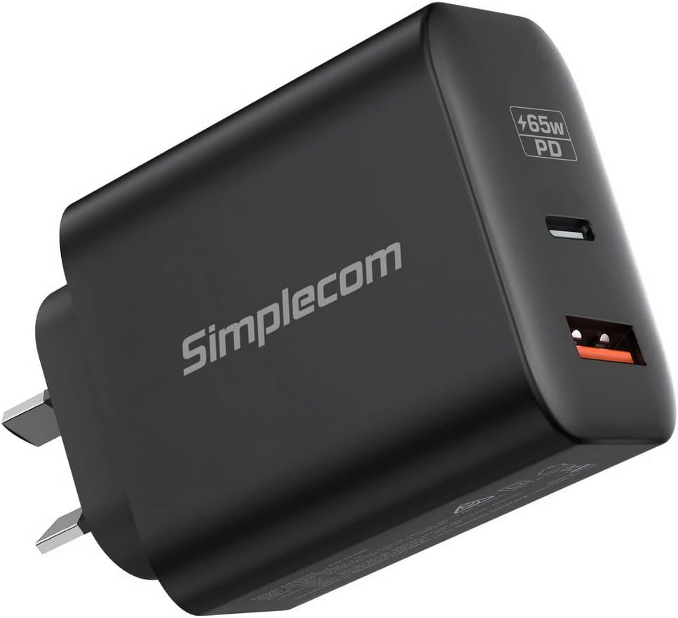 Simplecom CU265 Dual Port PD 65W Gan Fast Wall Charger USB-C + USB-A for Phone Laptop image number 2