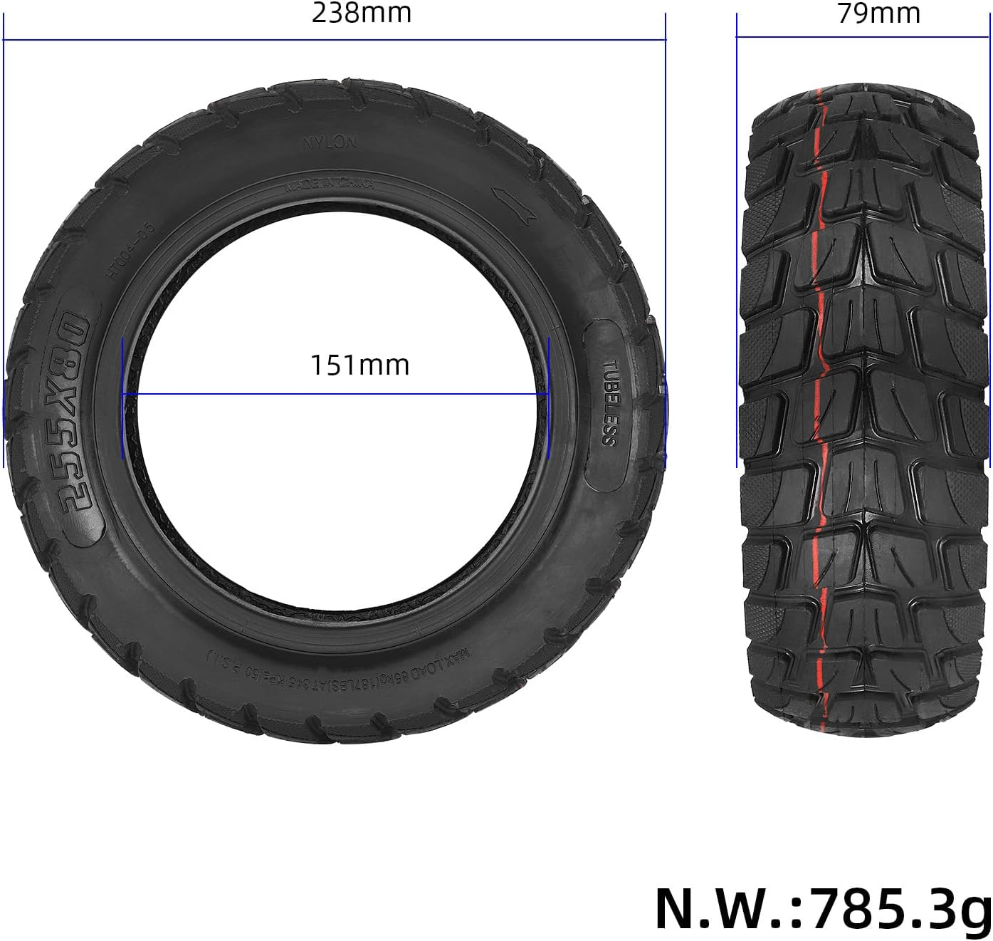 VOLOHAS 255 X 80 Off-Road Tubeless Tyres, 10 Inch Replacement Wheels Tyres for Zero 10X Electric Scooter, Thickened Front and Rear Tyres Replacement (Pack of 2) image number 3