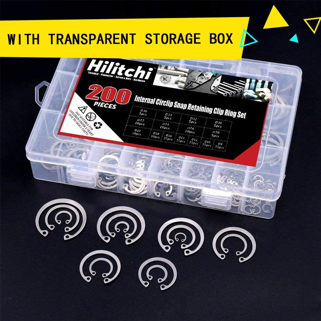 Hilitchi 200-Pcs [15-Size] Internal Circlip Snap Retaining Clip Ring Assortment Set - 304 Stainless Steel image number 3