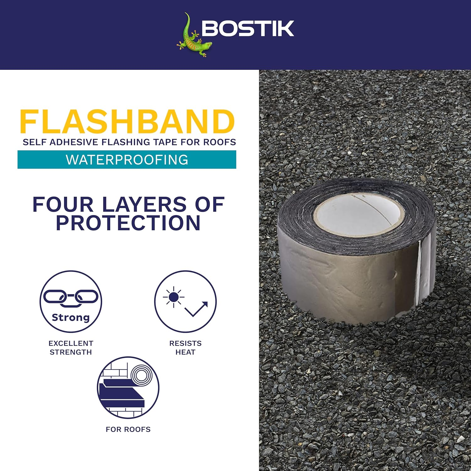 Bostik Flashband Self Adhesive Flashing Tape for Roofs, Provides an Instant Watertight Seal, Colour: Grey, 75Mm X 10M