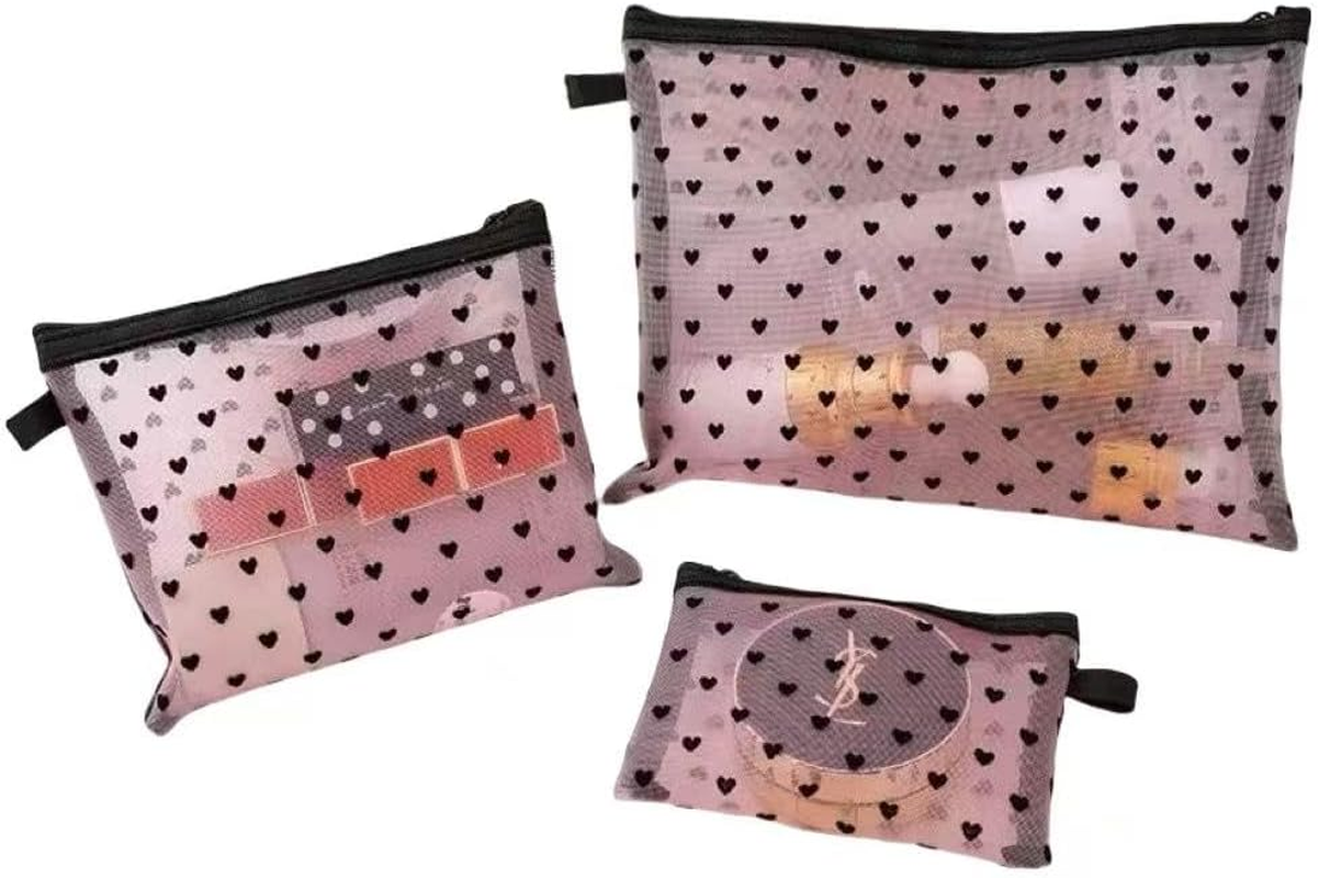 Clear Heart Pattern Makeup Bag Set, Travel Toiletry Storage Pouches with Zipper, Transparent Mesh Cosmetic Organiser (Pink)