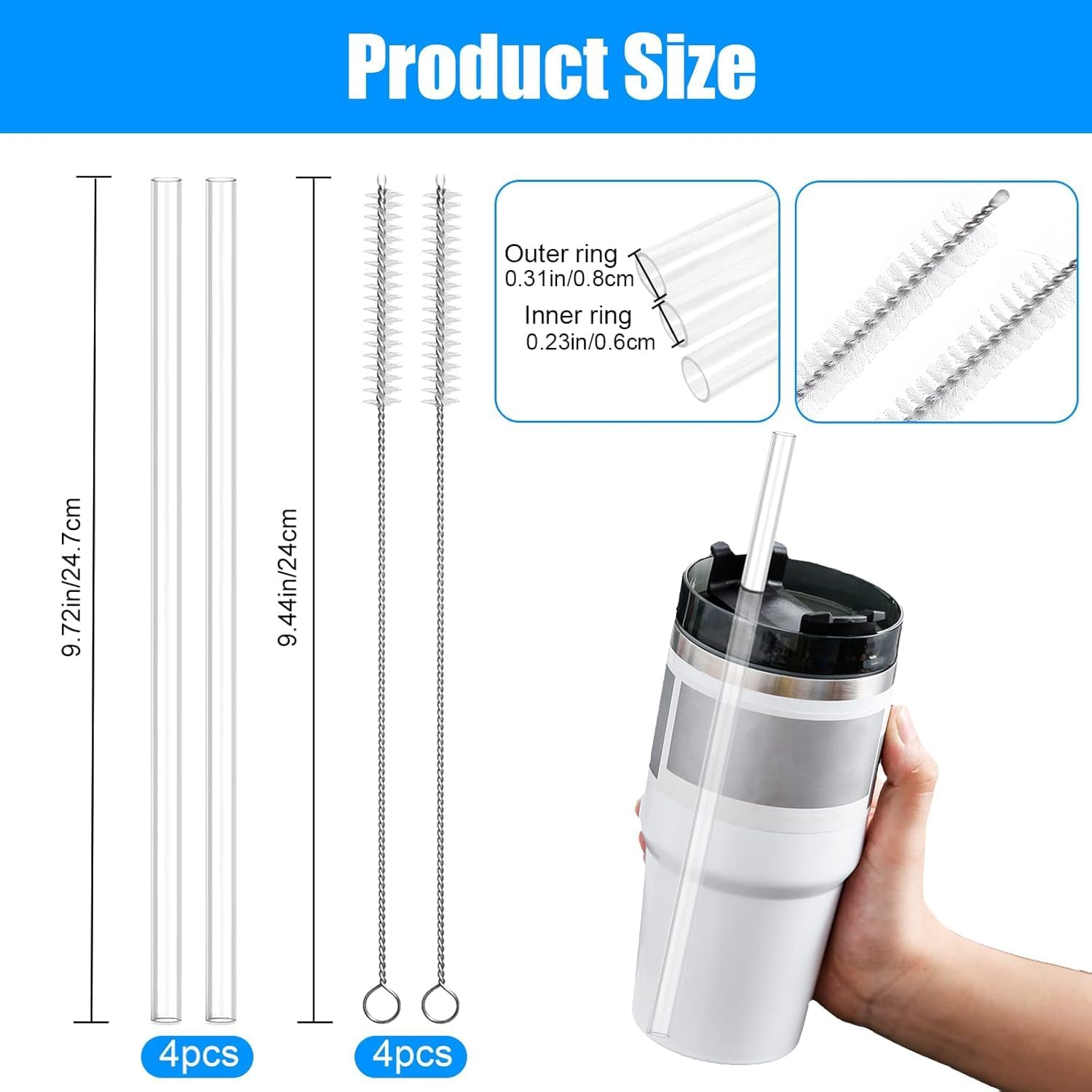 Replacement Straws, 4 Pcs Reusable Straw, Water Bottle Straw Replacement for Hydro Flask Wide Mouth Bottle (40Oz-18Oz) image number 3