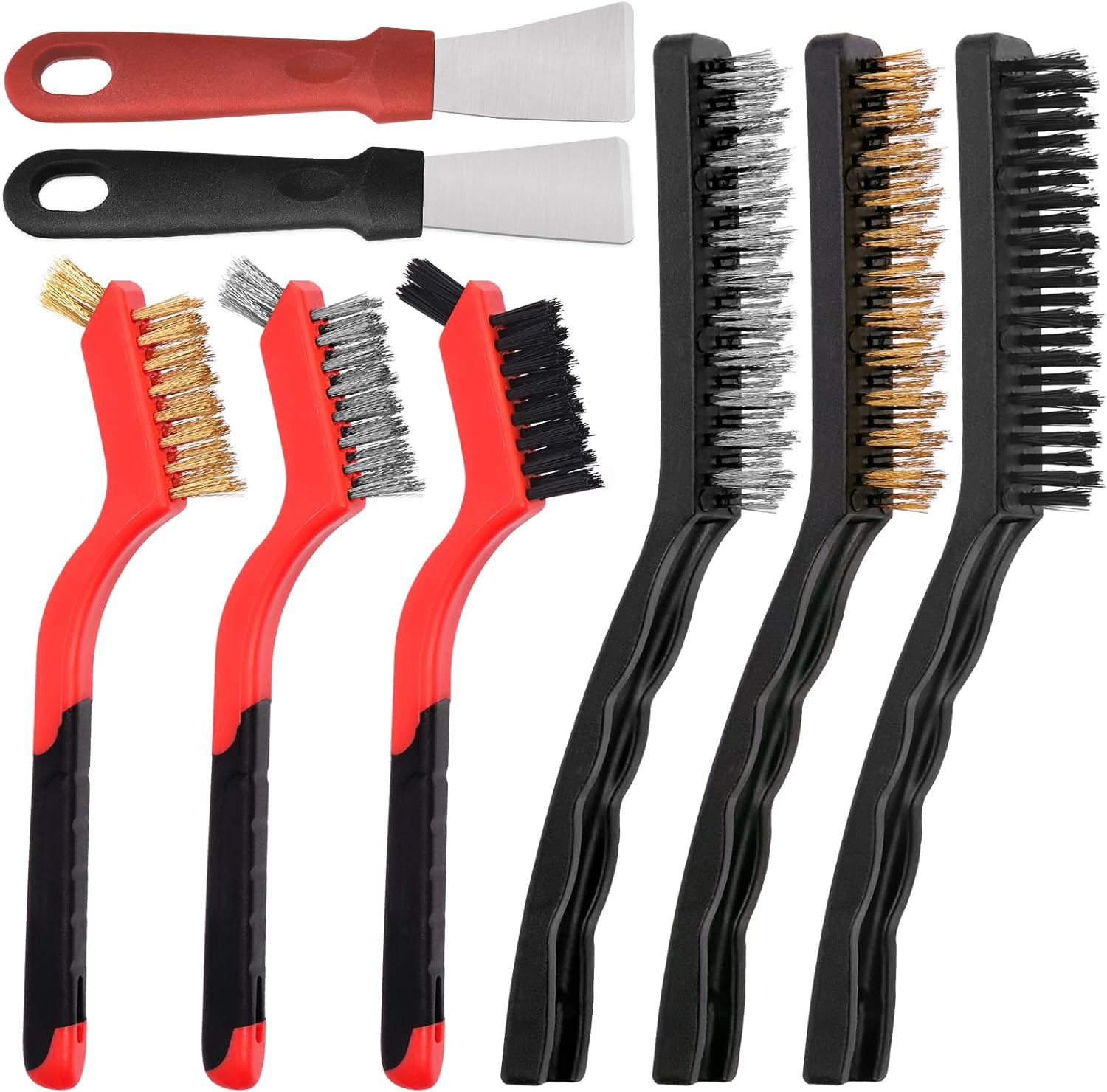 Swpeet 8Pcs Red Small Wire Brush Set, Wire Brush Shovel Set with Curved Handle Grip for Cleaning Rust, Included 2Pcs Brass Brushes, 2Pcs Stainless Steel Brushes, 2Pcs Nylon Brushes, 2Pcs Scraper image number 5