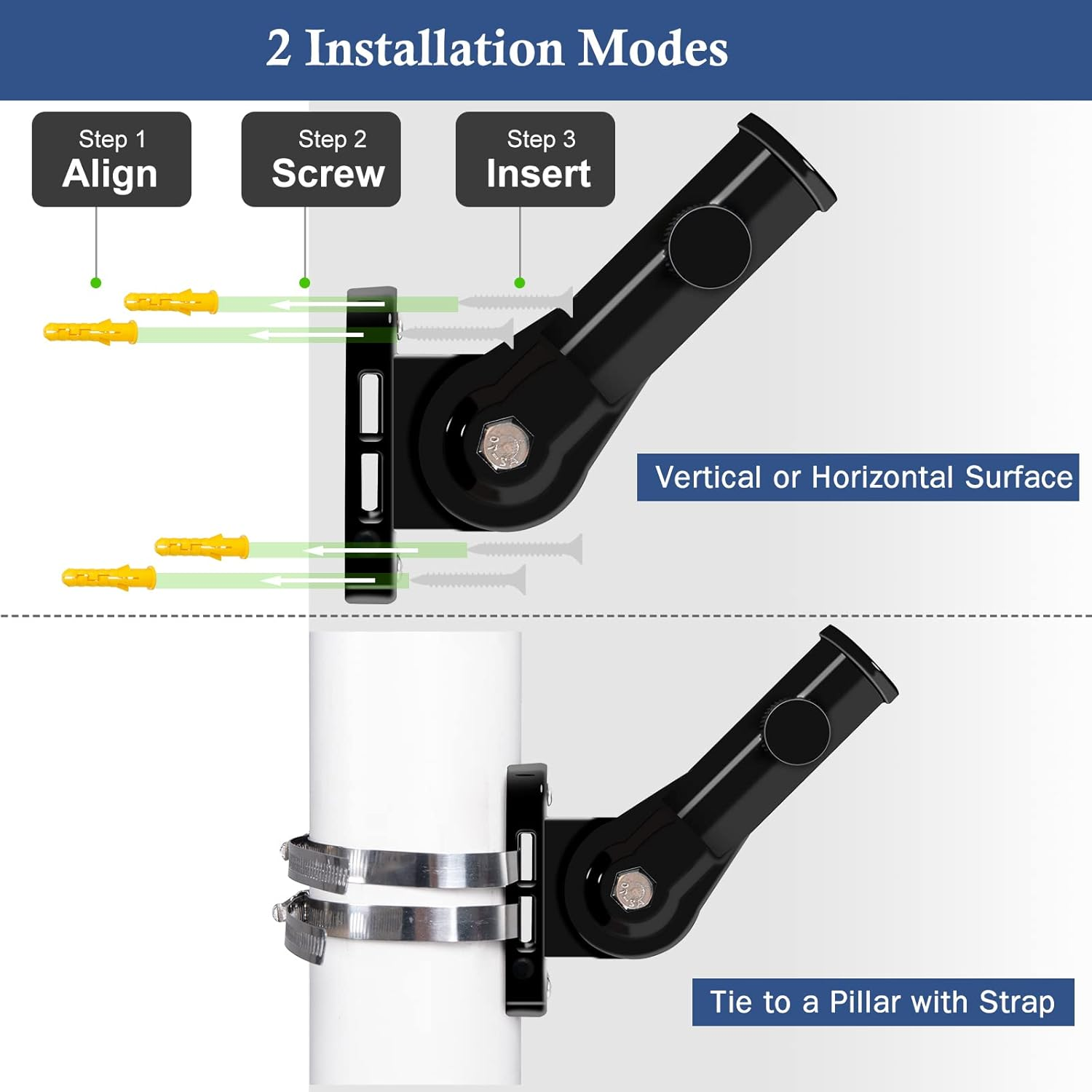 NQ Flag Pole Holder Adjustable, Flag Pole Bracket for outside House Heavy Duty Aluminum, Multi-Position Flag Pole Mounting Bracket Rust Free with Hardwares, 1" Inner Diameter (Black- 1 Pack) image number 6