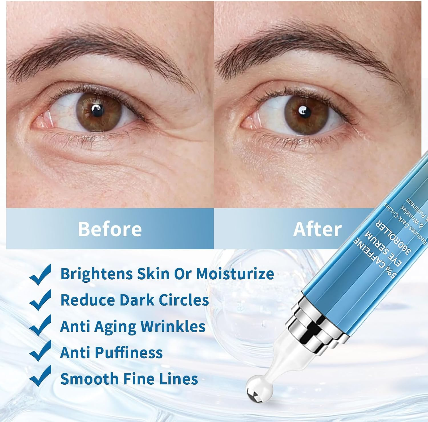 Eye Cream with 5% Caffeine Hyaluronic Acid, Eye Serum with 360&deg; Roller Massage Ball for Puffy, Fine Lines, Dark Circles and Wrinkles, under Eye Treatment Serum for Women & Men (Blue) image number 1