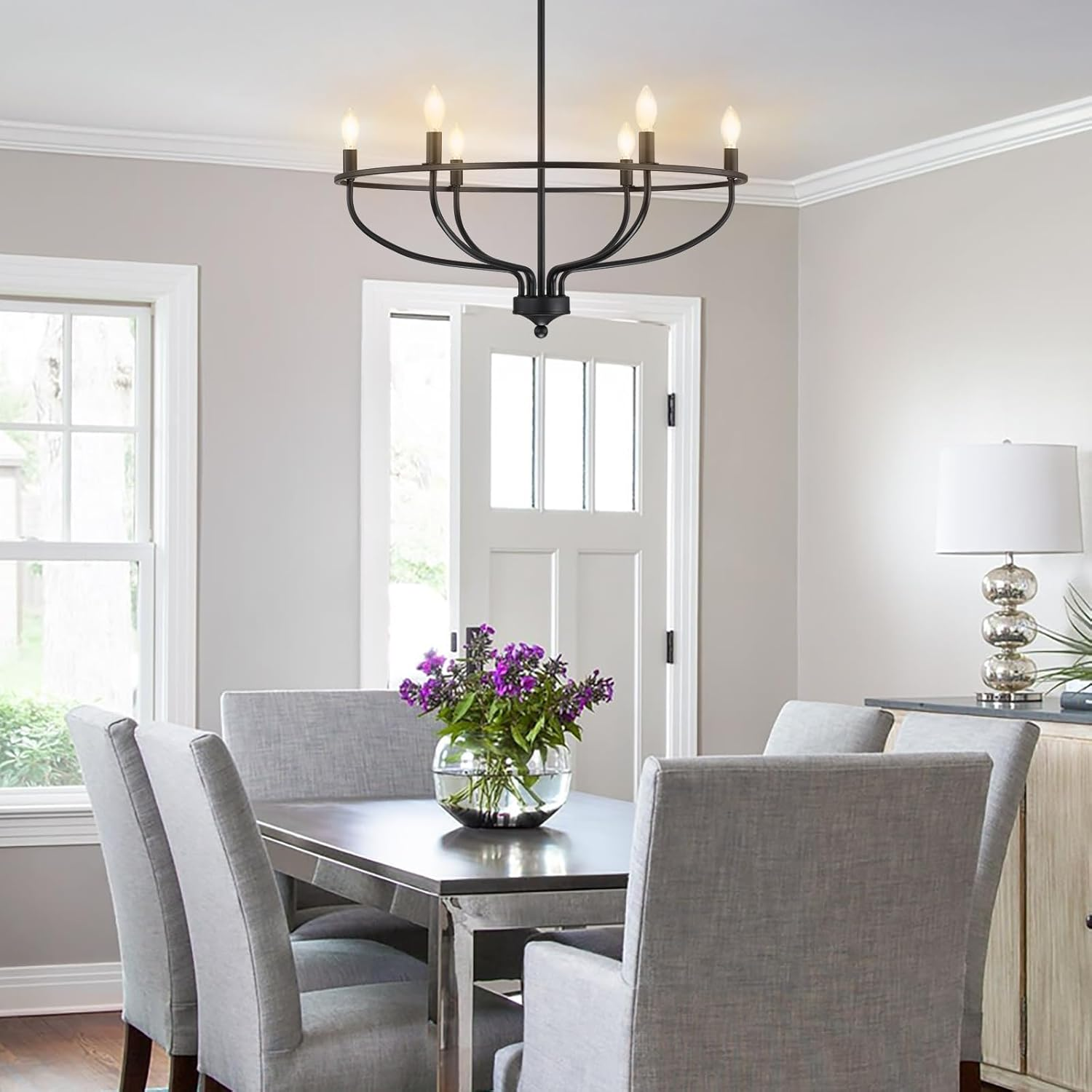 USOR 6-Light Black Chandelier Vintage Candle Farmhouse Iron Pendant Ceiling Light Fixture Wagon Wheel Chandelier over Table for Dining Room Living Room Kitchen D72.5Cmxh65Cm E14 Bulbs Included image number 3