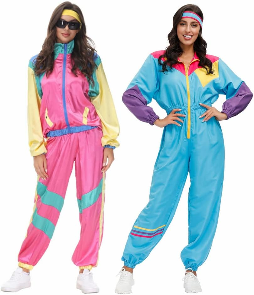 COREWO Womens 80S Tracksuit Retro Hip Hop Windbreaker Women Disco Tracksuit Sets Colorblock One Piece Outfits Set