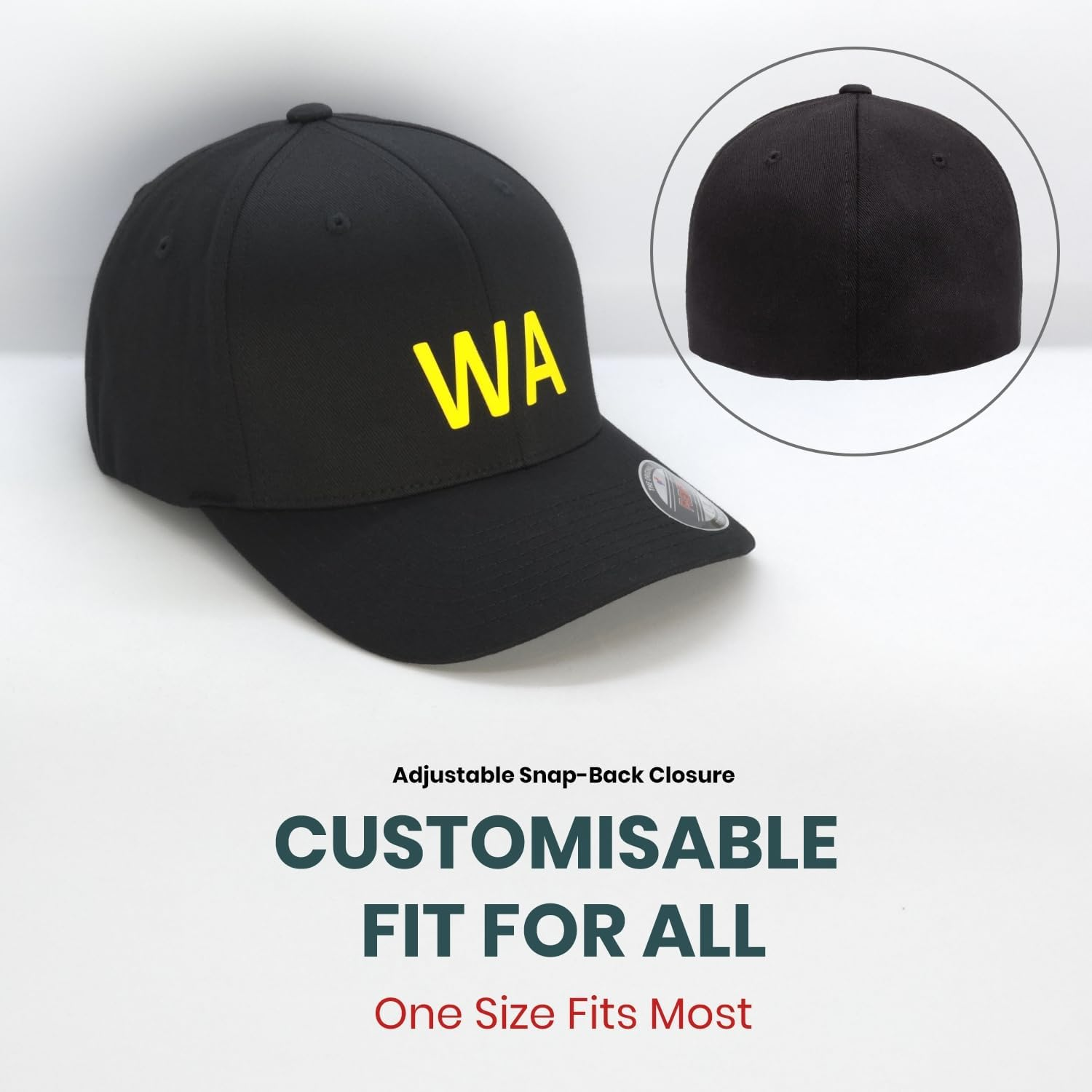 WA Supporters Cap, Flexfit 6277 Wooly Combed Baseball Cap, Acrylic-Wool, Flexfit Technology, 6-Panel, Silver Undervisor, Stretch Fitted, Premium Mid-Profile, Black with Yellow 'WA' Badge image number 2