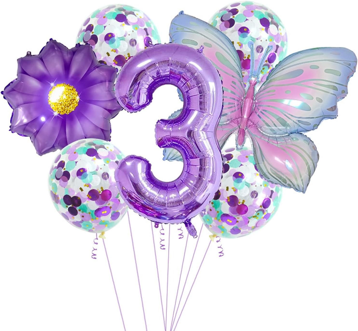 Butterfly Daisy Number Balloons 3Nd Happy Birthday Party Decorations Purple Butterfly Foil Mylar Latex Balloon Set 32Inch Digital Daisy Sequin Birthday Party Decoration Number 3 - Number 2 image number 4