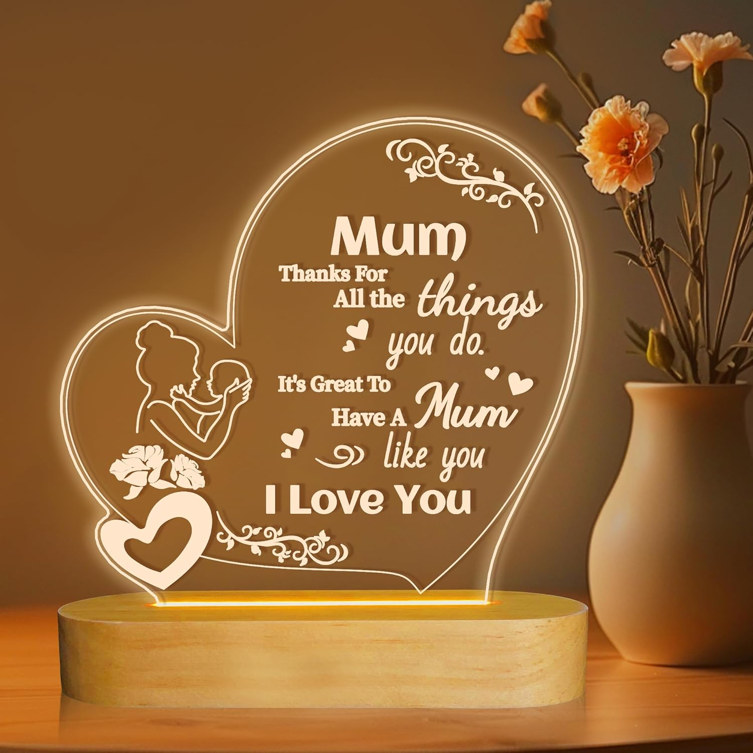 Gifts for Mum from Kids, I Love You Mom Night Light with Warm Light for Home Decor,Mum Gifts for Chritmas & Mother'S Day & Birthday & Thanksgiving Day for Mommy Mother Mama