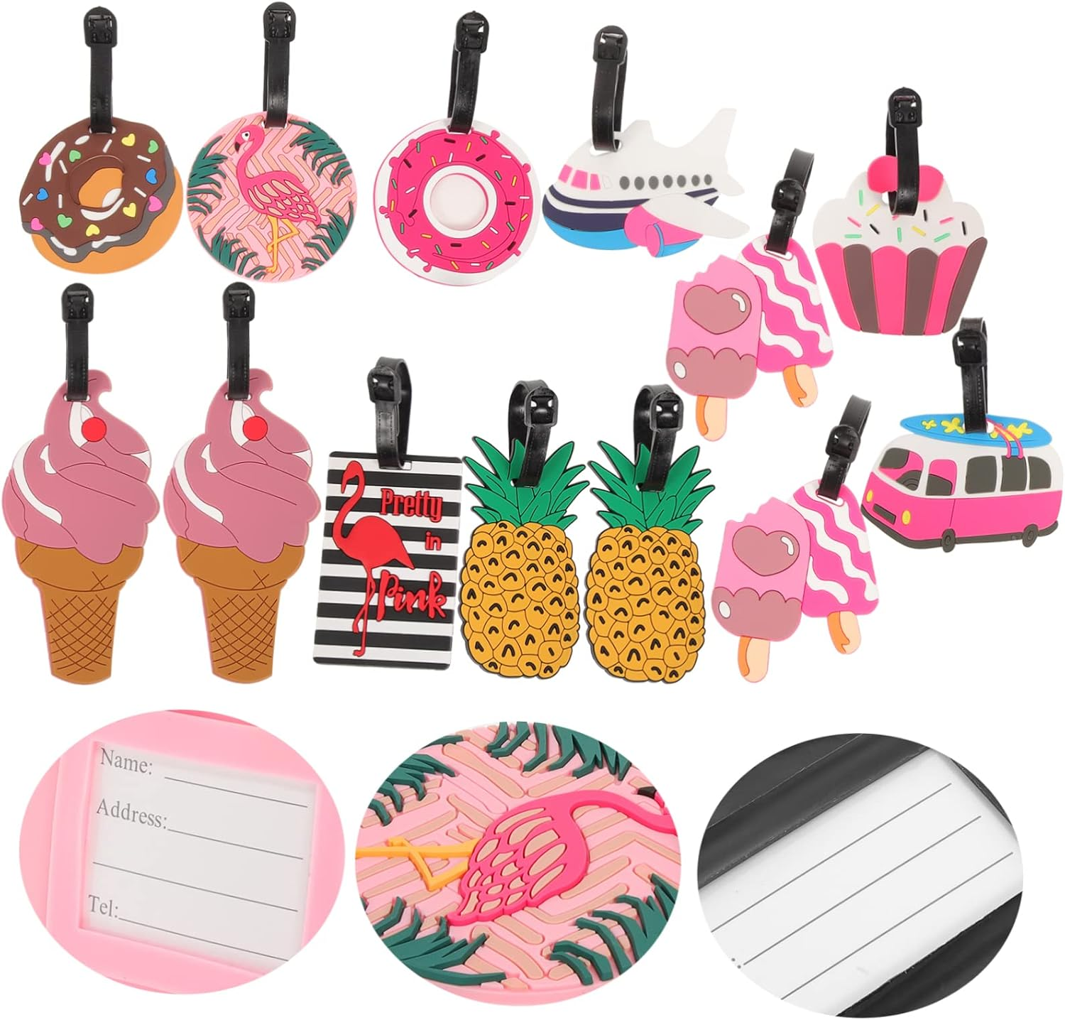 WRITWAA 10Pcs Cute Cartoon Soft PVC Luggage Tags Travel Suitcase Id Labels Pineapple Donut Ice Cream Design Boys and Girls Women Suitcase Identification Accessories image number 2