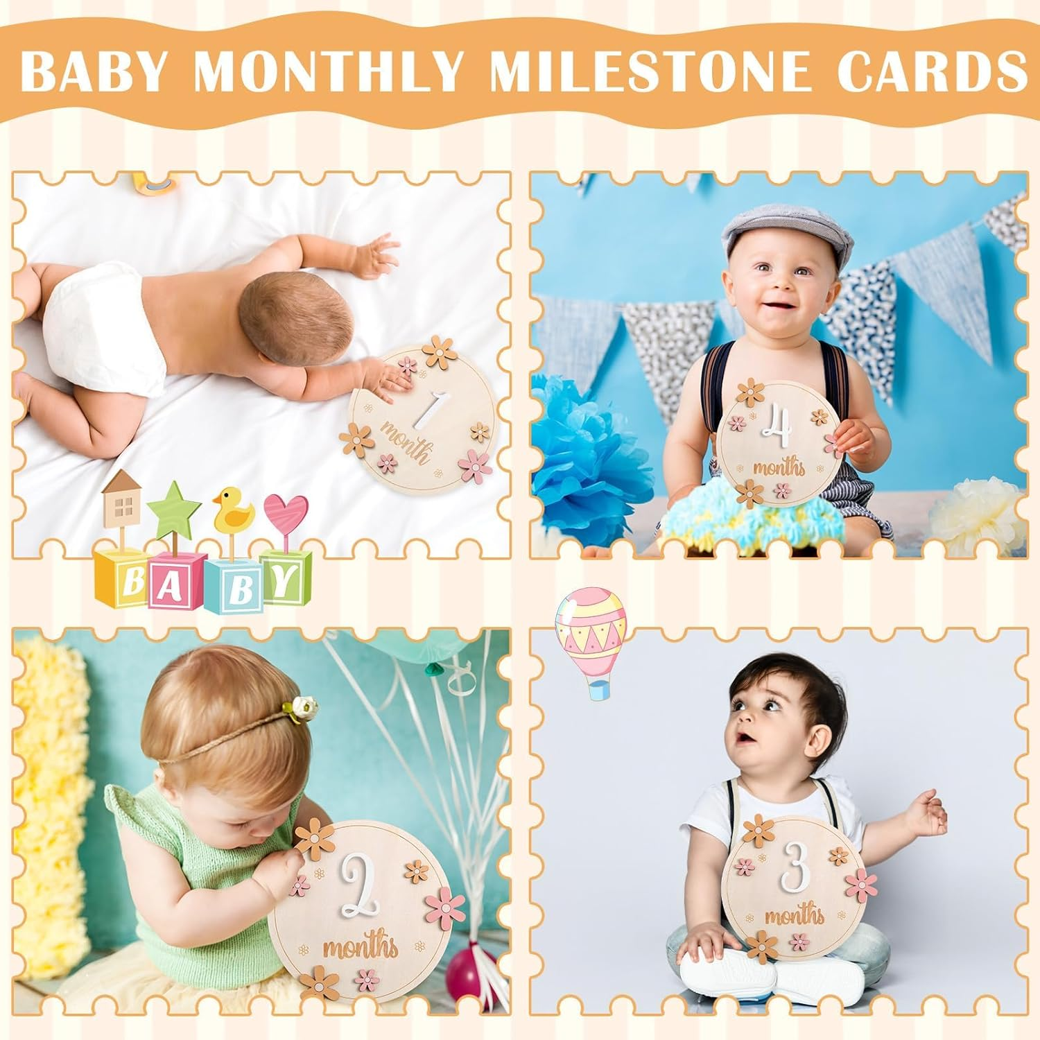 Baby Monthly Milestone Cards with 11 Interchangeable Number Set of 12 for Baby Growth Recording Daisy Wooden Bohemian Milestone Blocks Baby Months Signs Baby Boy Baby Girl Photo Props (Lovely) image number 1