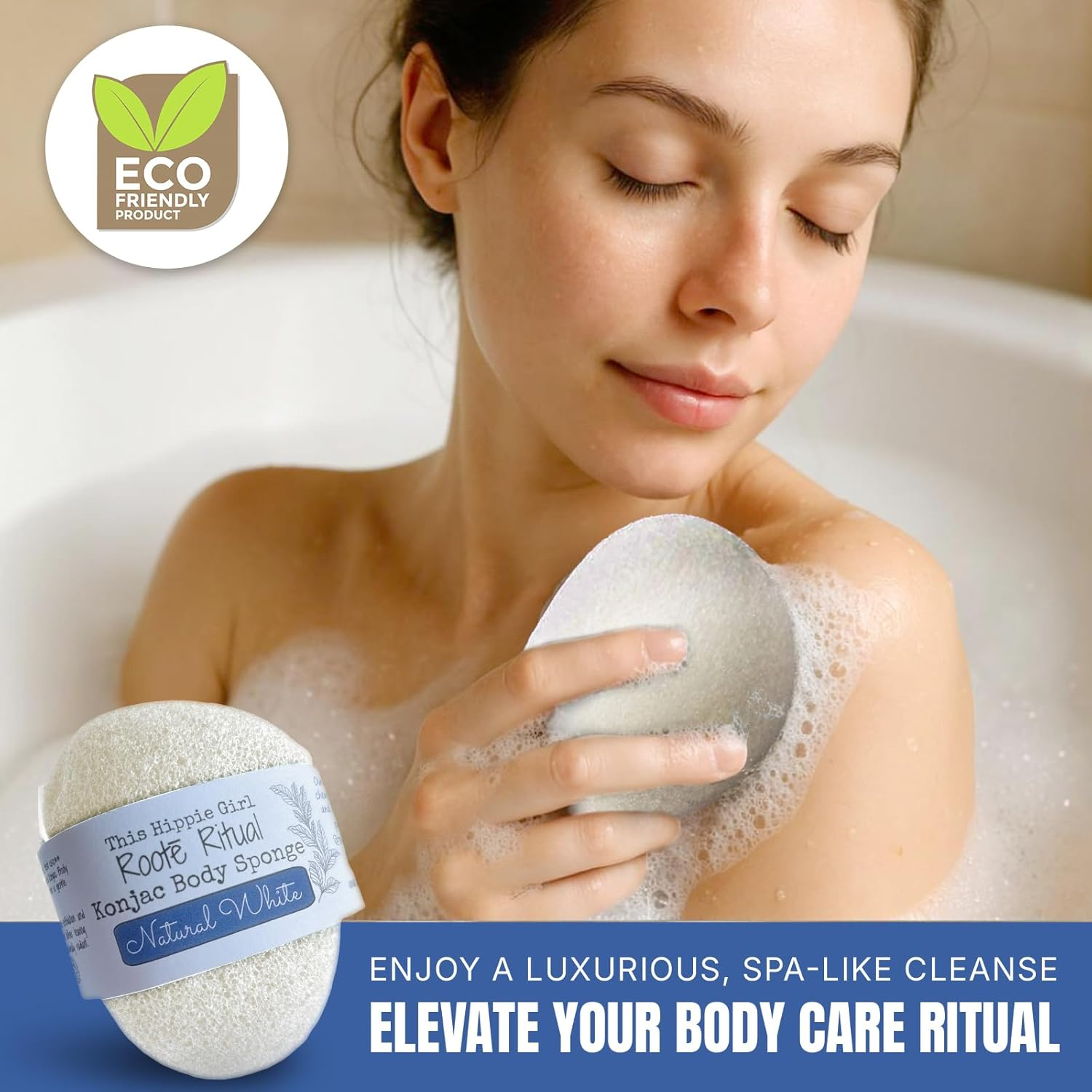 Roote Ritual Konjac Body Sponge &ndash; 100% Natural Exfoliating Shower Sponge for Sensitive Skin &ndash; Gently Deep Cleanses & Softens, Earth-Friendly, Biodegradable, Vegan &ndash; for Women, Men (Natural White)