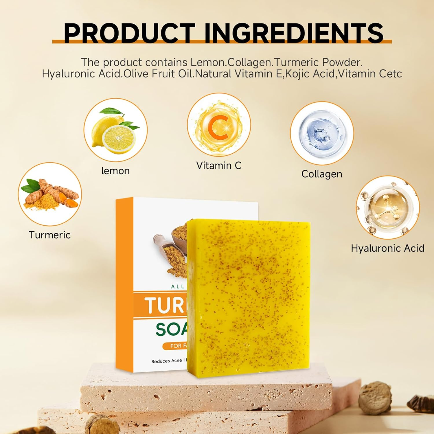 3 Pcs Turmeric Kojic Acid Soap Bar, Lemon & Ginger Handmade Cold Process Cleanser for Face-Body Brightening Moisturizing Skin Tone Care with Vitamin C 3 Foaming Mesh Bags 300G image number 1