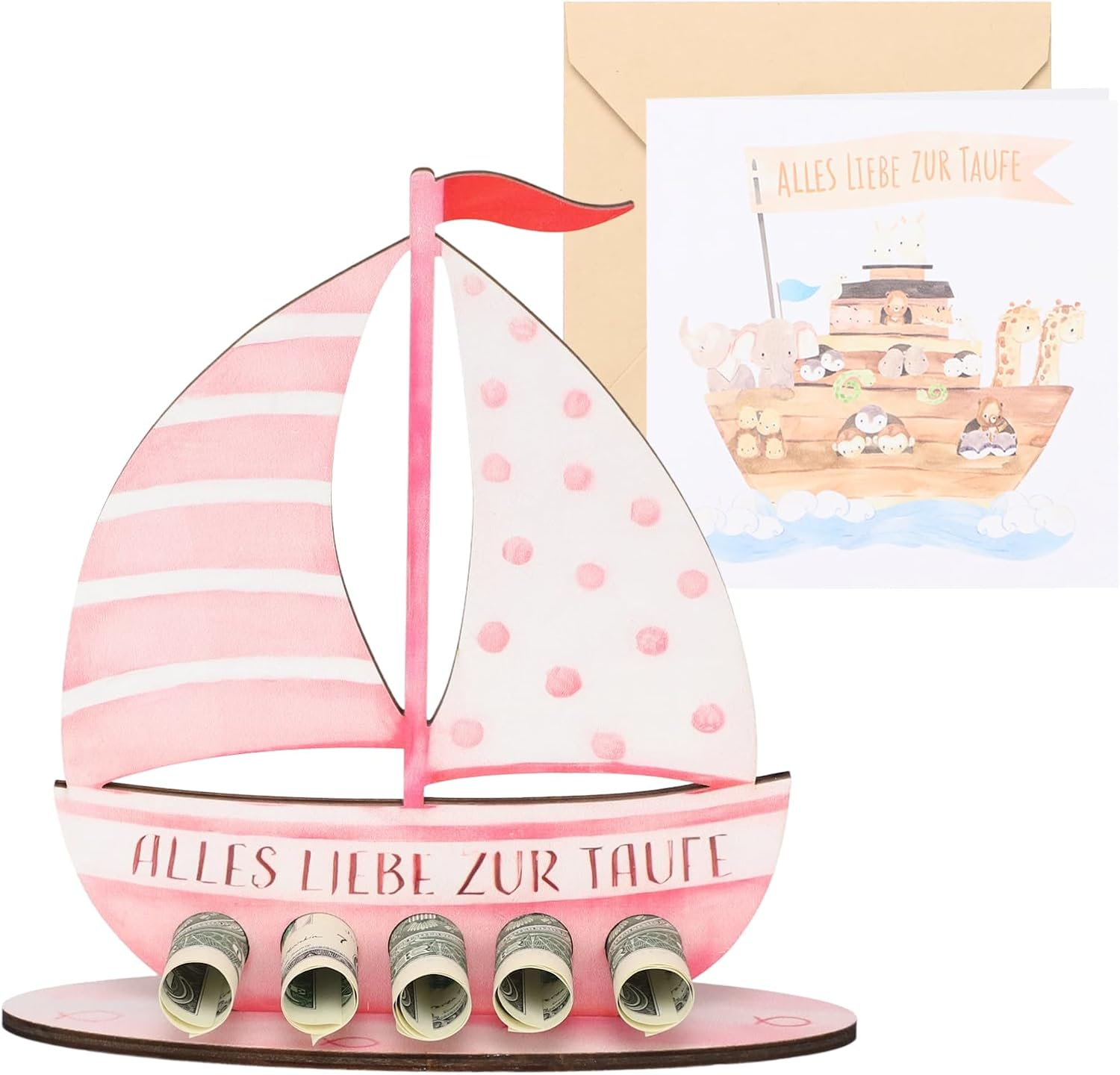 Christening Gifts Boys and Girls, Personal Wooden Sailing Boat as a Christening Gift, with Christening Card, Money Gift Idea, Unique Keepsake for Christening (Pink)