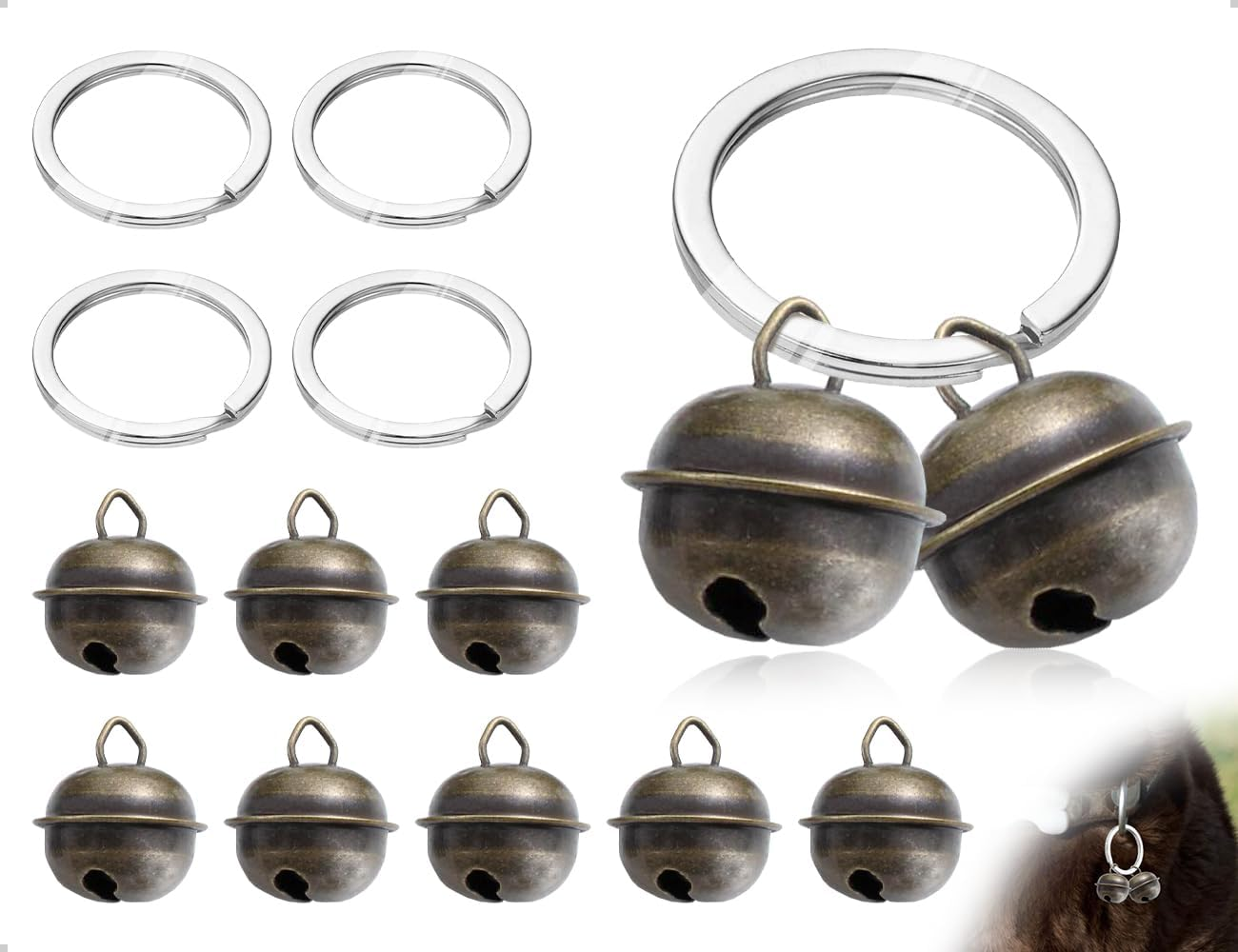 AOYEGIC Pack of 8 Bells, Loud Cat Dog Bell, Collar for Bell, Cats, Pets, Tracker Pendant for Training, with 4 Pieces Key Ring Pet image number 3