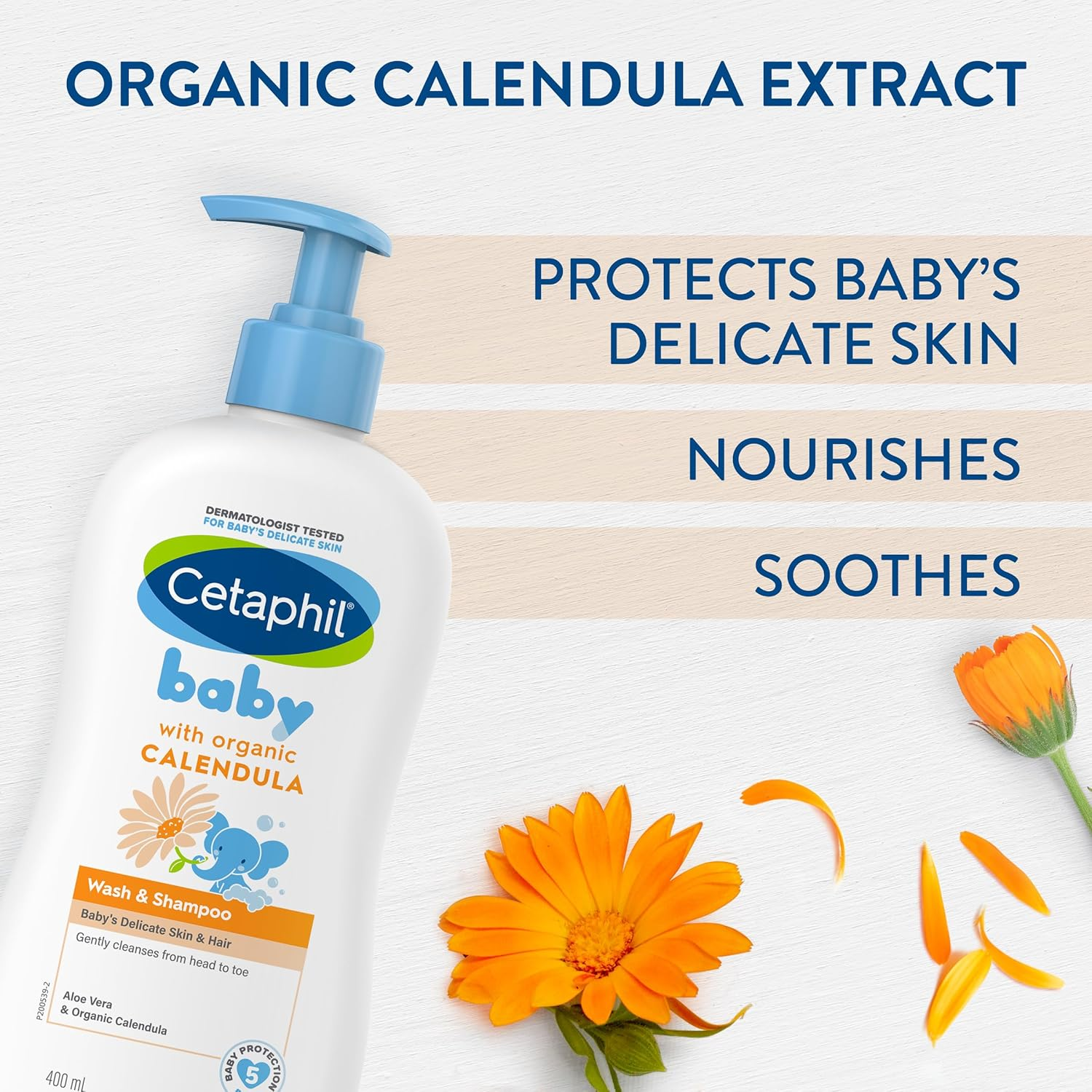 Cetaphil Baby Calendula Wash and Shampoo 400Ml, for Baby'S Sensitive Skin, Tear Free, Gently Cleanses from Head to Toe, Contains Calendula and Aloe Vera, Dermatologist Tested (Pack of 2) image number 2