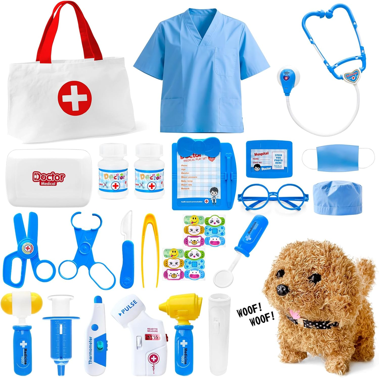 PELOSTA 34PCS Doctor Kit for Toddlers 3-5, Pretend Play Doctor Play Set with Dog Toy, Doctor Costume, Carrying Bag, Stethoscope, Dress up Toys for Kids Boys Girls Aged 3 4 5 6 7 8 (Blue) image number 1