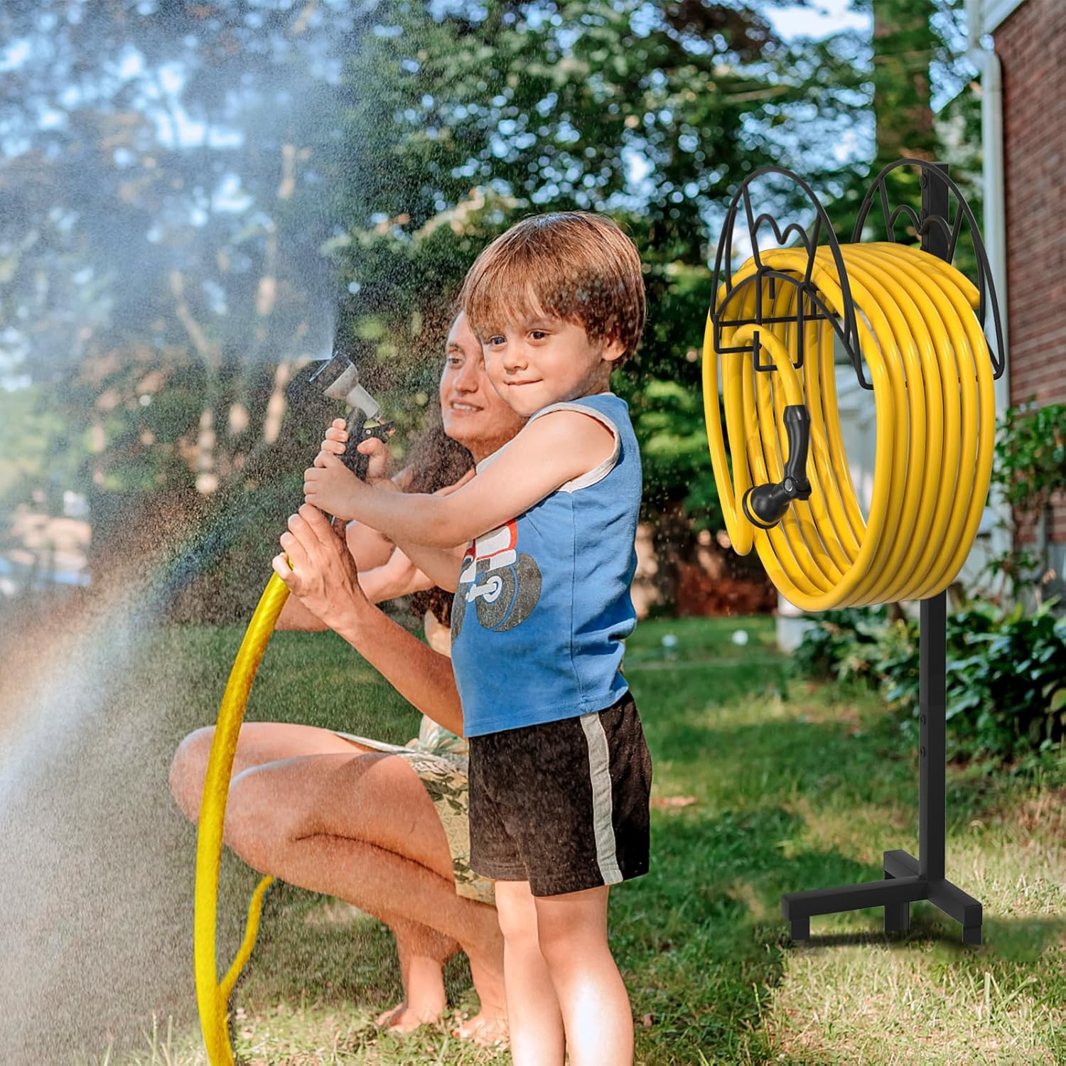 Vygrow Garden Hose Holder Freestanding, Heavy Duty Metal Water Hose Holders for Outside, Detachable Garden Hose Storage Stand Rack, Black image number 1