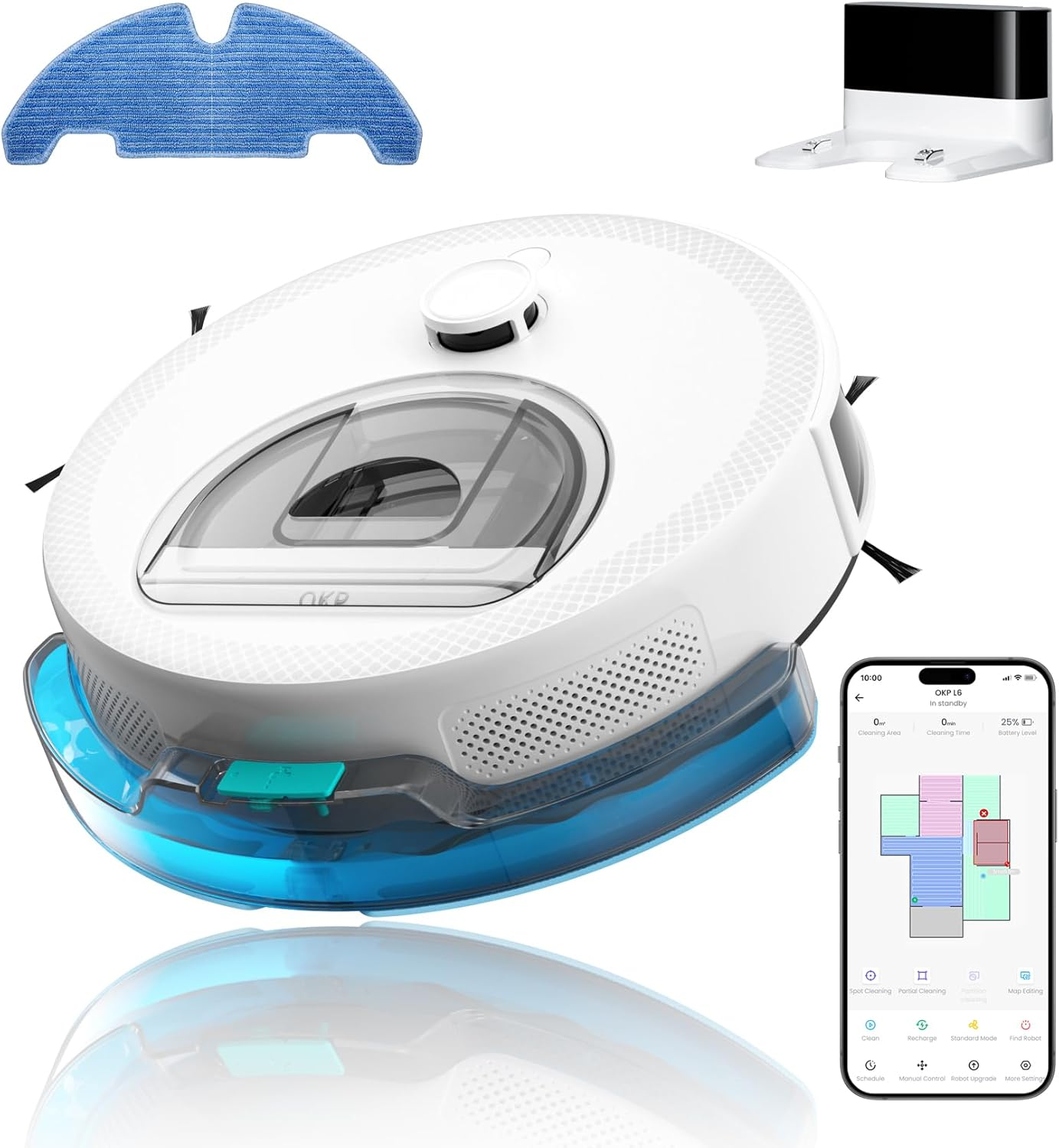 OKP L6 Aqua Robot Vacuum Cleaner and Mop, Dtof Navigation, 6000Pa Suction, 150 Mins, Custom Cleaning & 3D Mapping, PSD 190&deg; Obstacle Avoidance Tech, for Pet Hair/Carpet, App & Alexa, 2.4G & 5G Wifi image number 5