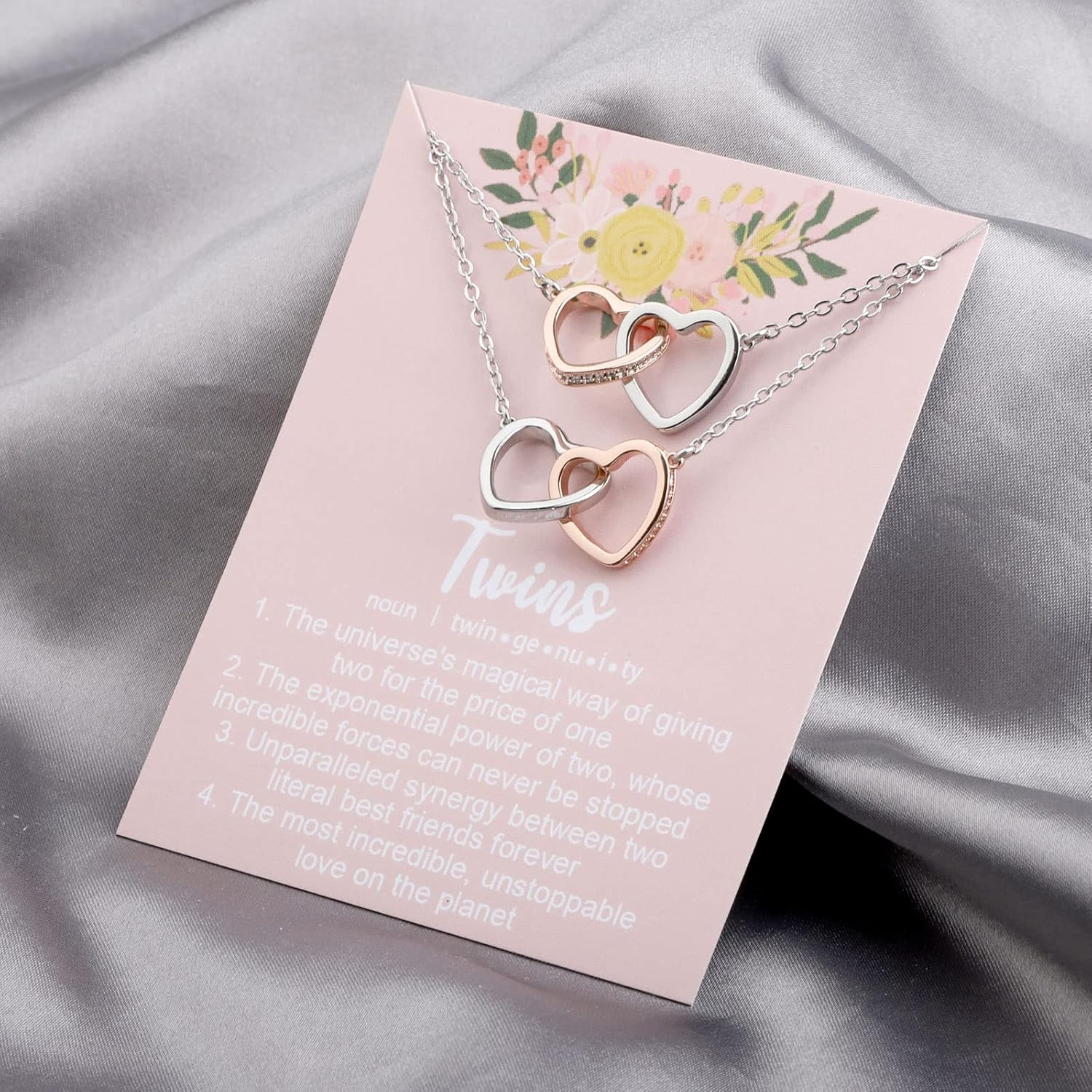 UJIMS Twin Sister Interlocking Hearts Necklace Twins Jewelry Twin Birthday Gifts for Twins Girl Message Necklace for Her image number 4