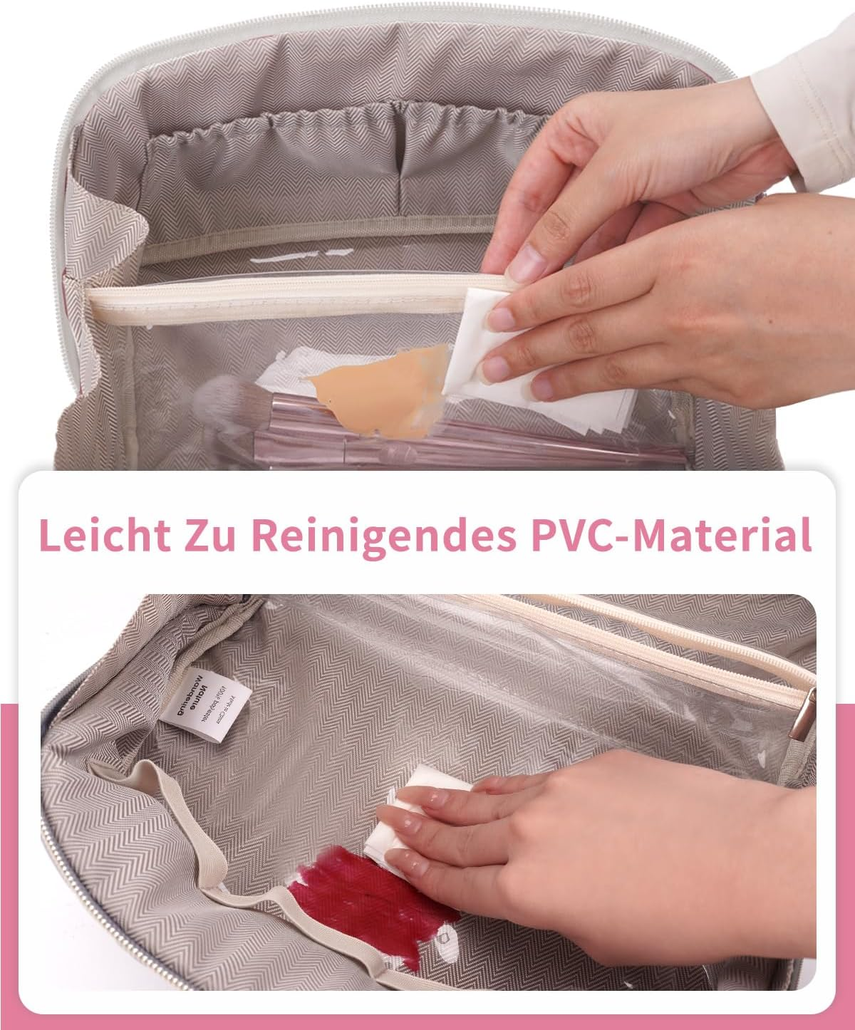 Women'S Large Travel Cosmetic Bag - Portable Makeup Bag with Handle & Transparent Separator - Water-Repellent Toiletry Bag Made of Quilted Fabric for Everyday & Bathroom (Patent Pending), Beige - Pink image number 7