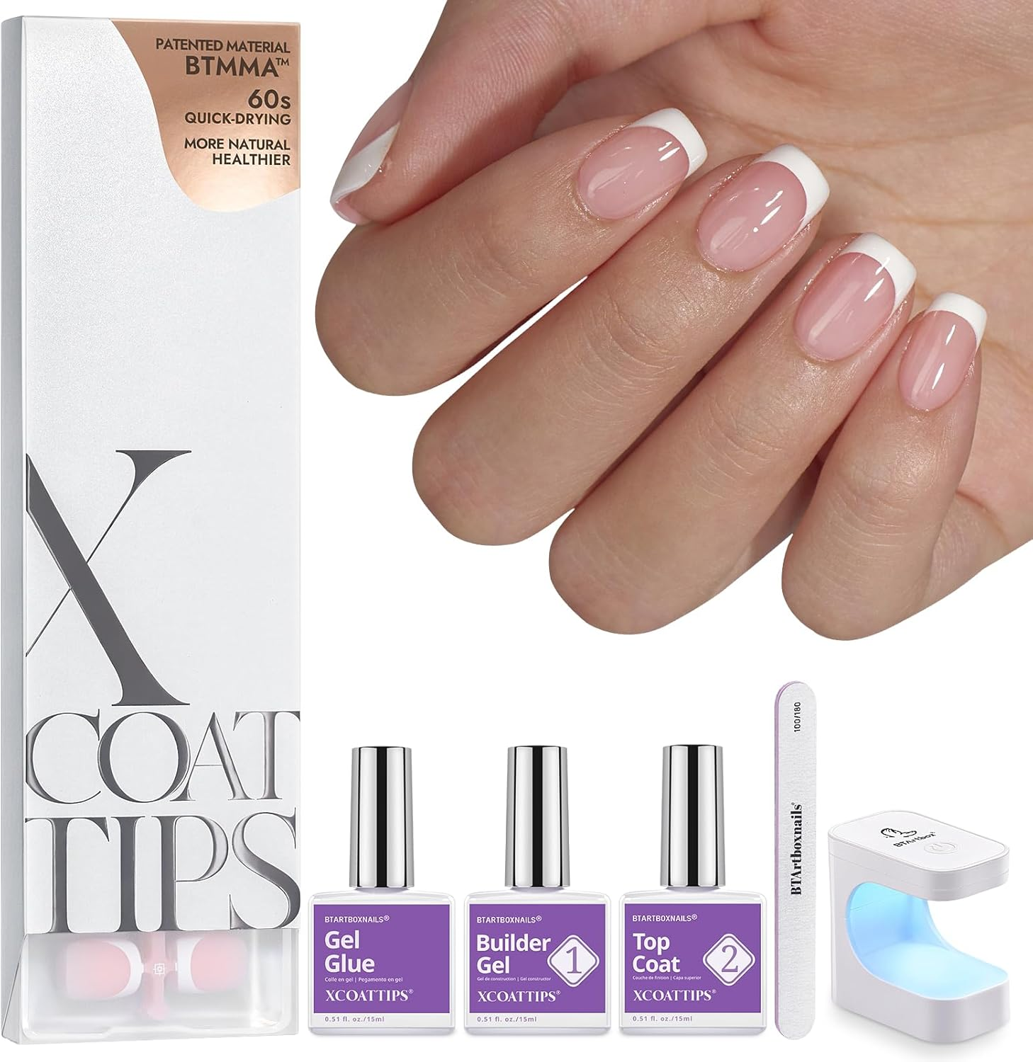 Btartboxnails XCOATTIPS French Nails - Extra Short Square Nail Tips with Nail Gel, French Protecing Duo, Nail Lamp, All in One Soft Gel French Tip Press on Nails Gel Extension