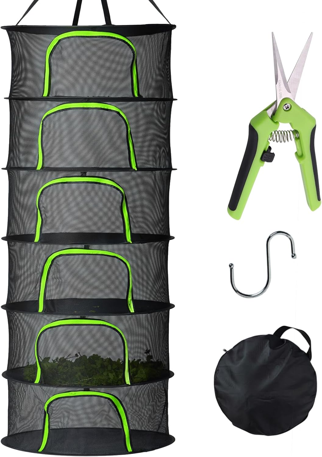 6 Tier Black Mesh Zippered Herb Drying Rack Hanging Dryer Dry Net with Pruning Shear for Hydroponics image number 2