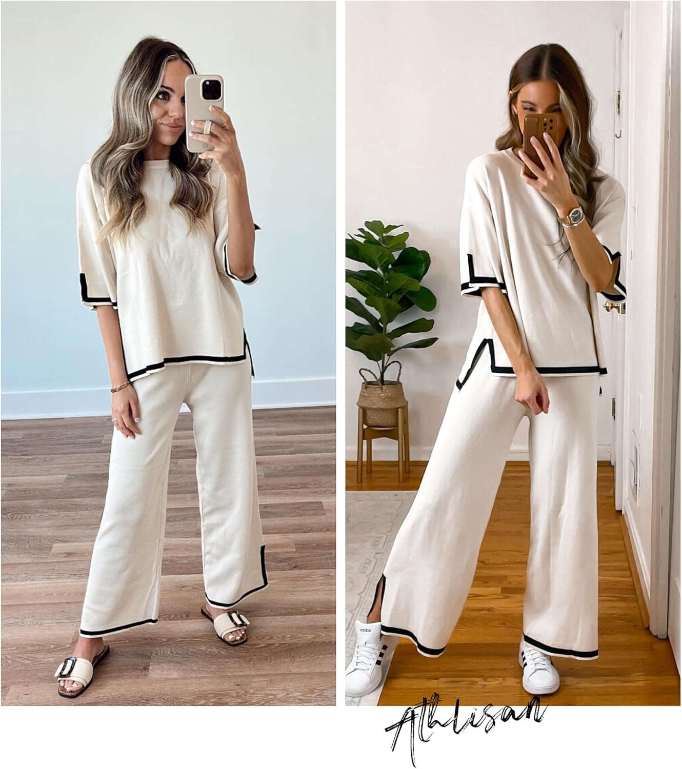 Women 2 Piece Sweater Set Short Sleeve Knit Pullover Tops High Waist Wide Leg Pants image number 5