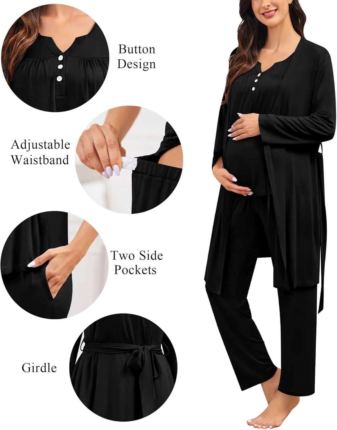 SWOMOG Maternity Nursing Pajamas Sets 3 PCS Women Postpartum Pajama Breastfeeding 3 in 1 Labor Delivery Button Pregnancy Pjs image number 3
