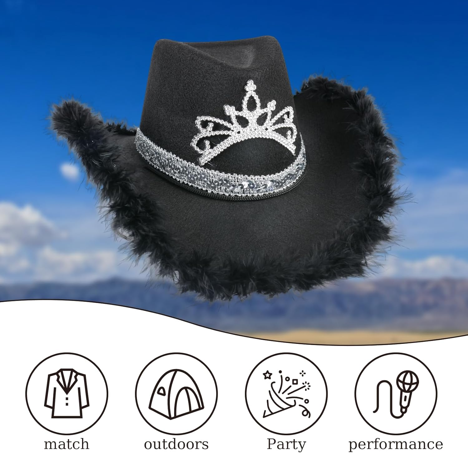 Black Cowboy Hat with Feathers Crown for Women Ideal for Bachelorette Parties Halloween Costume and Themed Events image number 1