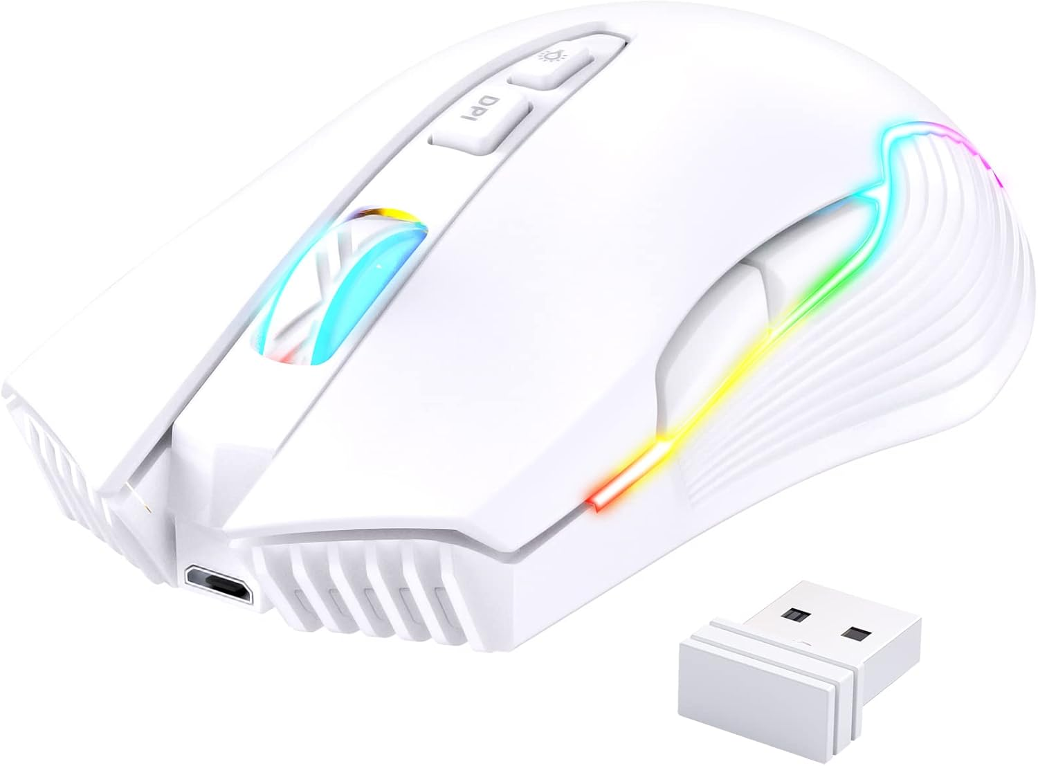 PHNIXGAM RGB Gaming Mouse, Ergonomic Design, Adjustable DPI, Compatible with Windows, Mac (White Wireless) image number 3