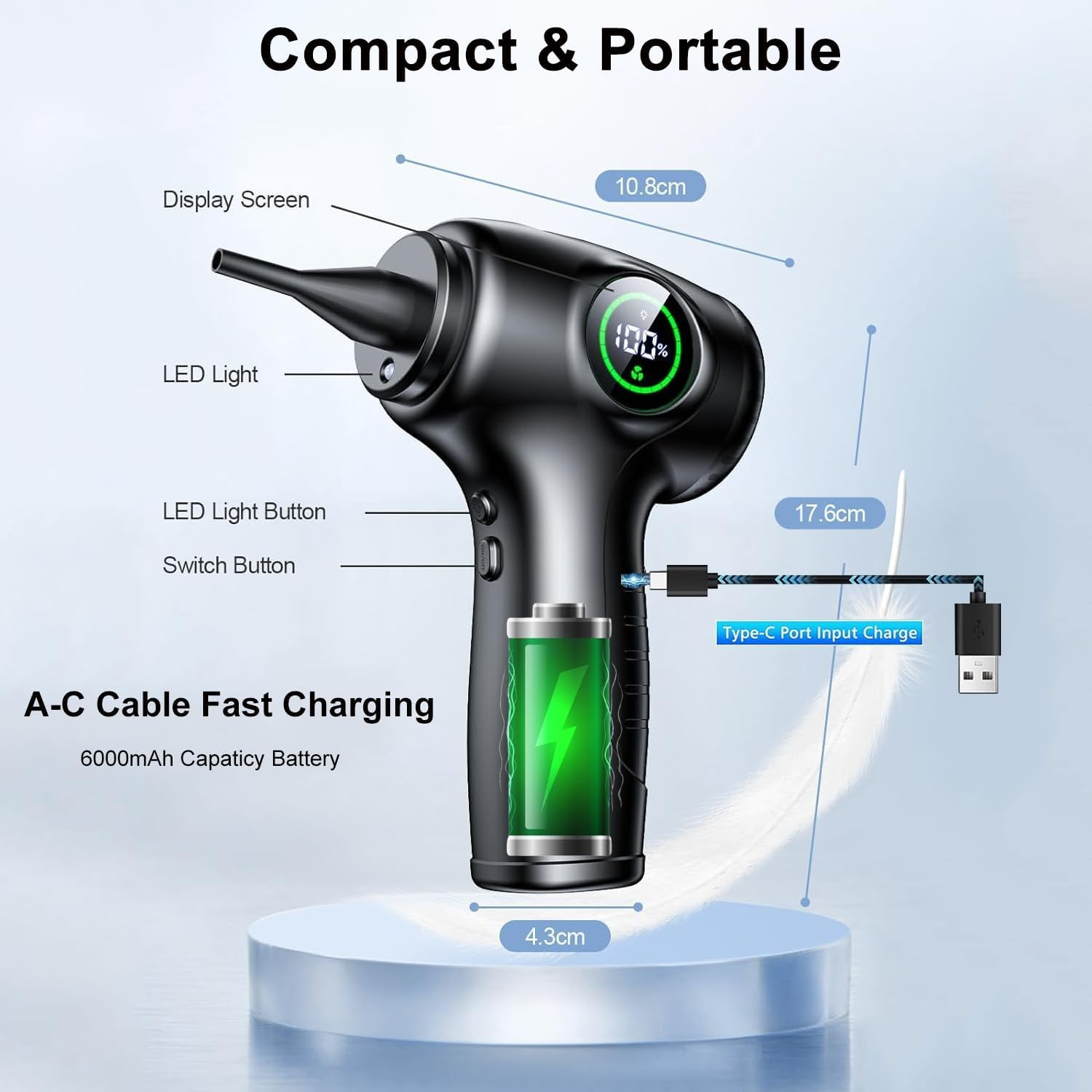 2 in 1 Handheld Vacuum Cleaner & Compressed Air Duster, Portable Cordless Vacuum Cleaner for Car, Electric Dust Air Blower for Home, PC, Keyboard, 3 Gear, 100000Rpm, 6000Mah image number 6