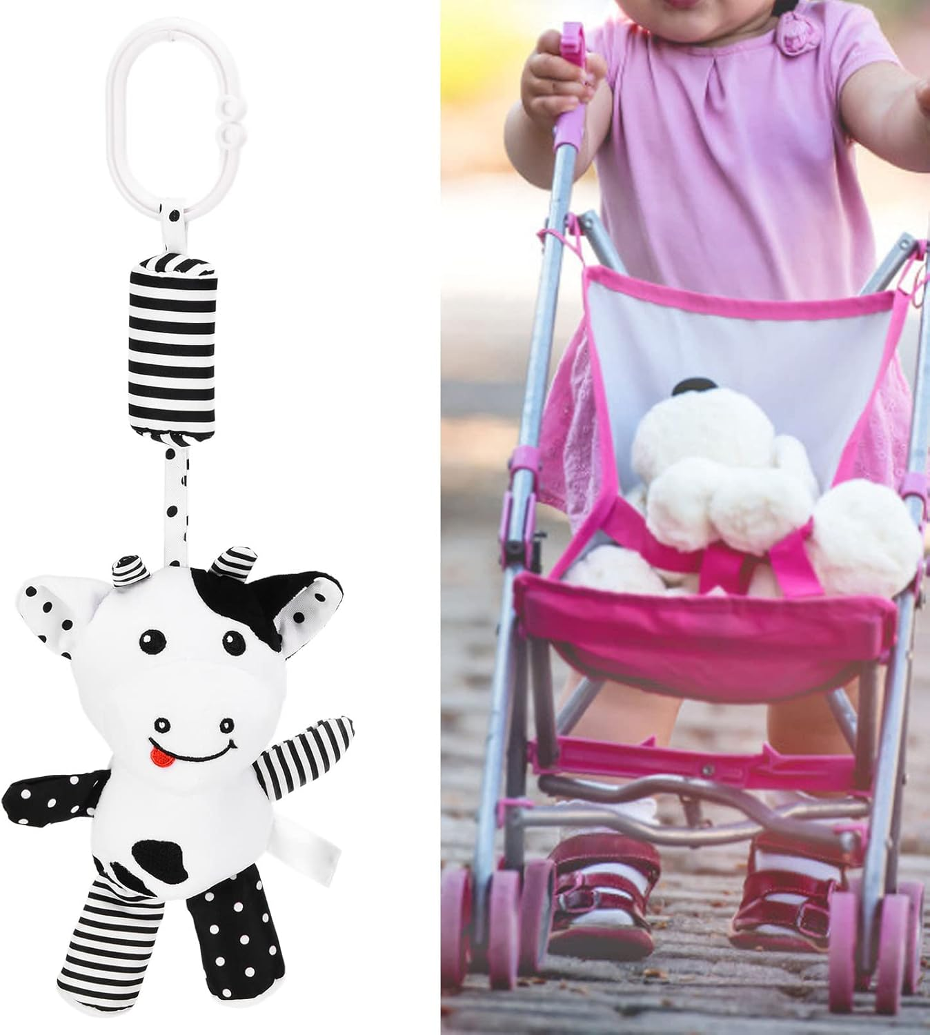 Baby Hanging Rattle Toys, Baby Car Plush Hangingtoys Stuffed for Infants Car Bed Crib(Black and White Striped Calf Pendant) image number 3