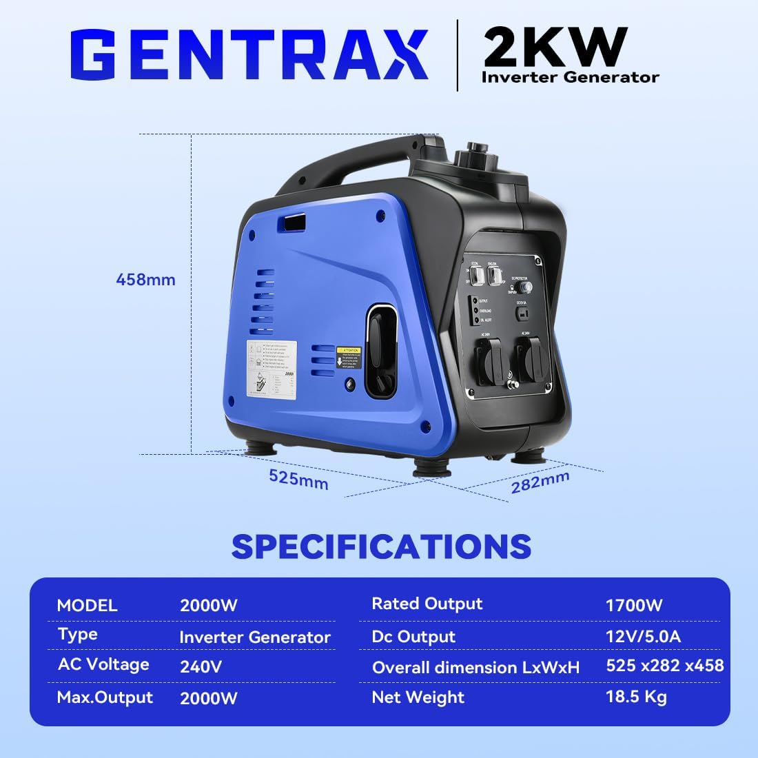 Gentrax Portable 2000 W Max Inverter Generator &ndash; 1.7 Kw Continuous Pure Sine Wave Petrol Unit, 67 Db Low Noise, Lightweight for Camping & Home image number 6