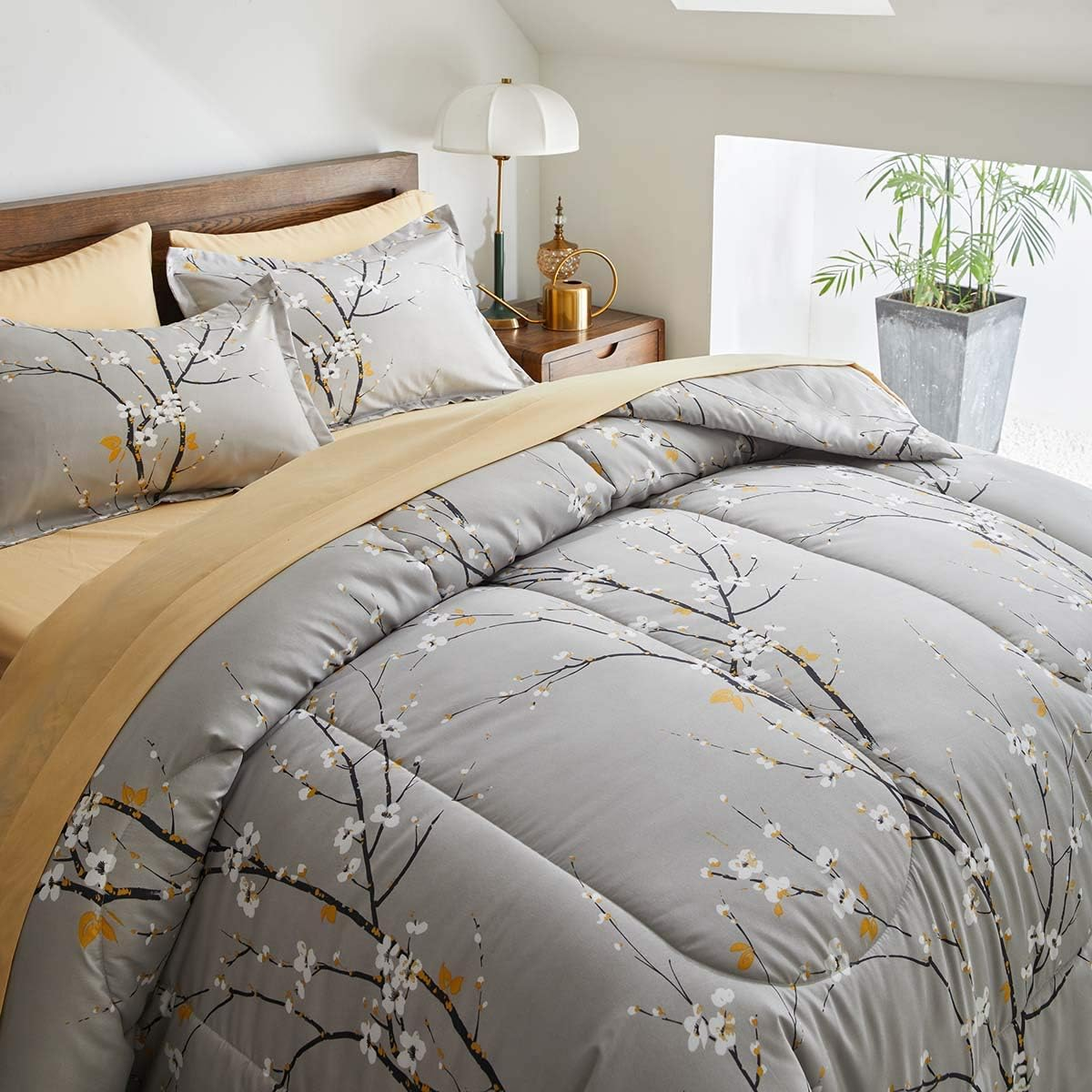 Gray Comforter Sheet Set Bed in a Bag 7 Pieces Queen Size Tree Branch Bloom Flower Spring Summer Bedding Set (1 Comforter 2 Pillow Shams 1 Tan Flat Sheet 1 Fitted Sheet 2 Pillowcases) image number 6