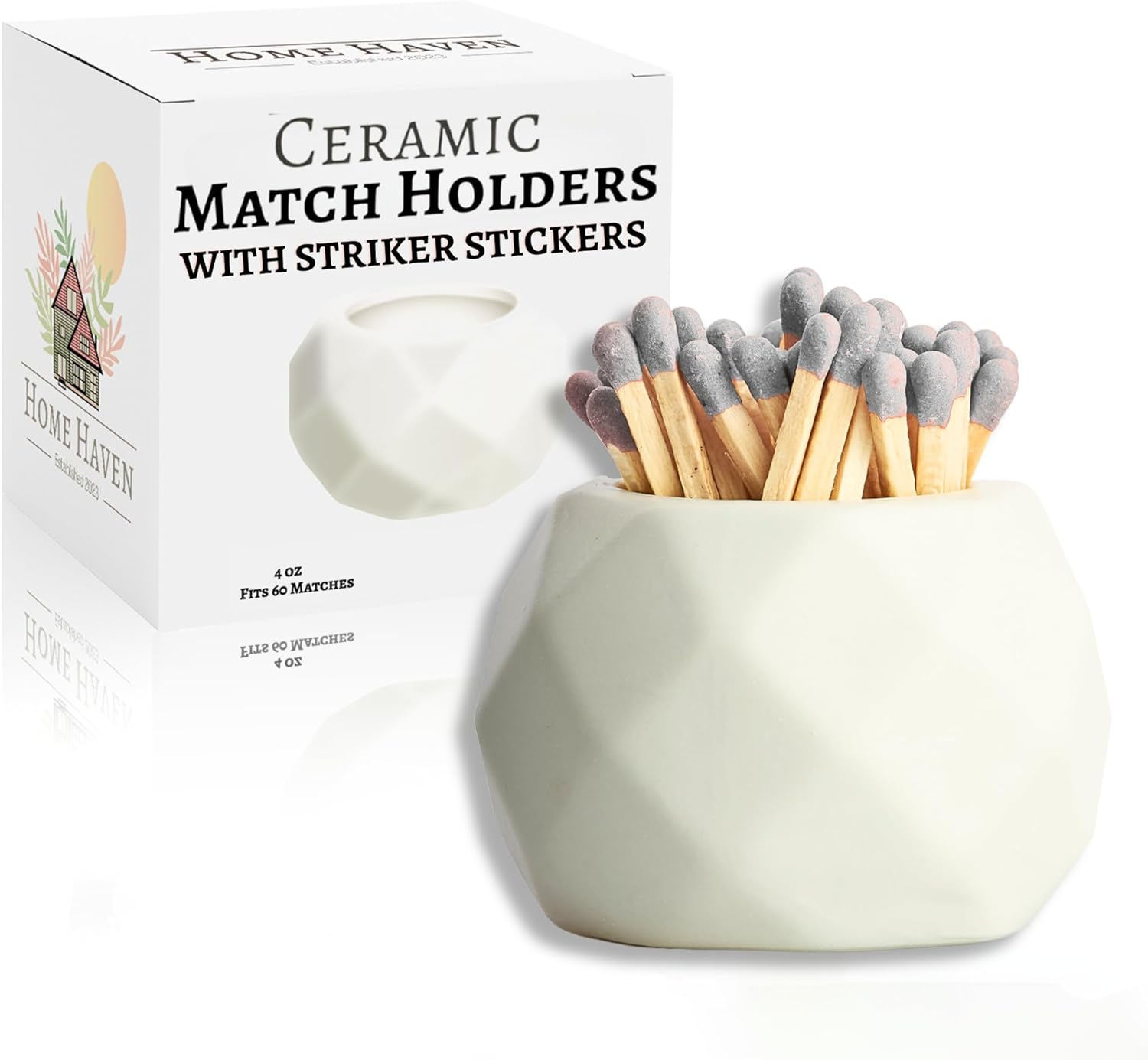 Classic White Ceramic Match Holder with Striker Pads - Decorative Matches in a Jar - Bathroom Matches Holder image number 6