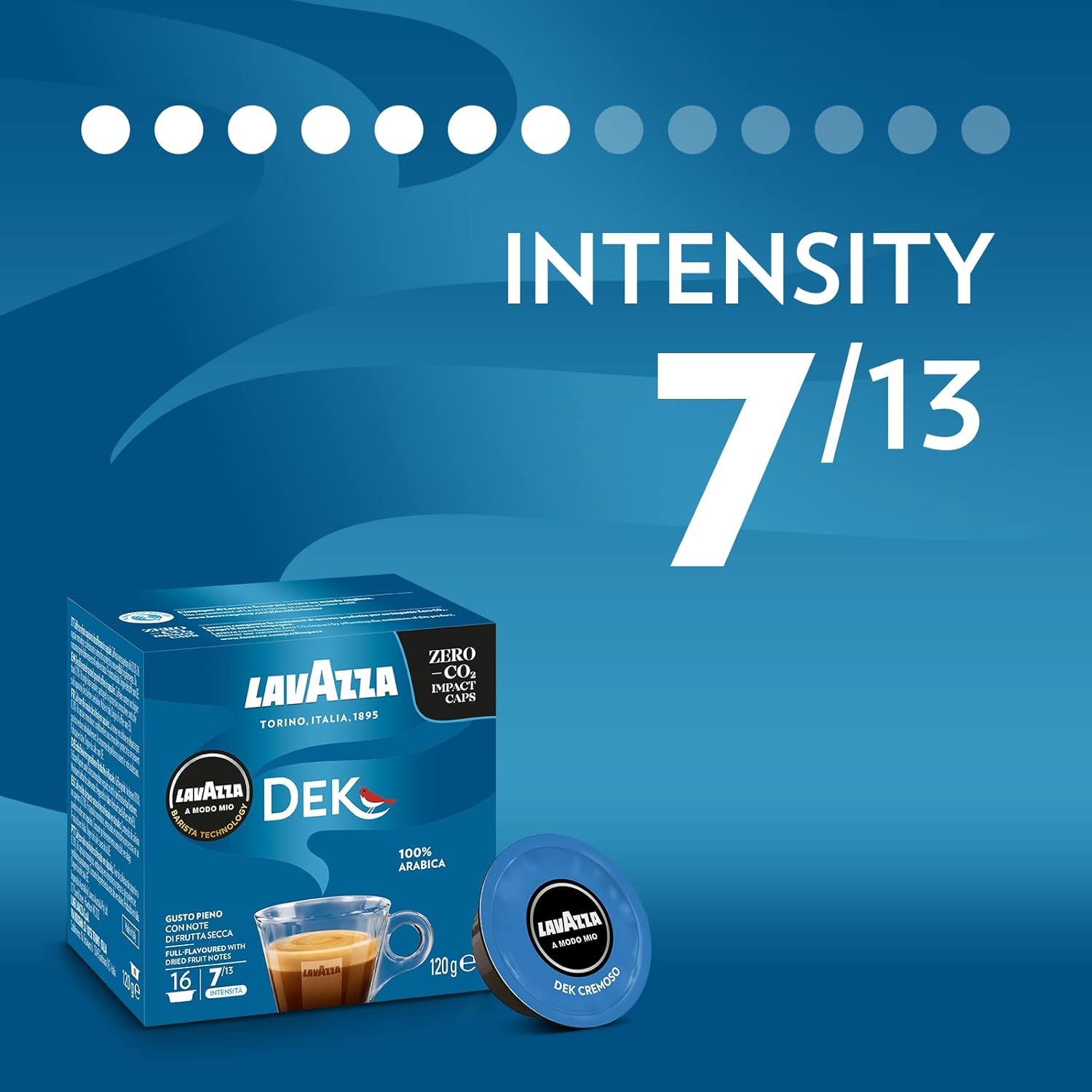 Lavazza, a Modo Mio Dek Cremoso, 96 Coffee Pods, Decaffeinated Coffee Pods Espresso, 100% Arabica, Full and Balanced Taste, Intensity 7/10, Medium Roasting, 6 Packs of 16 Coffee Pods image number 1